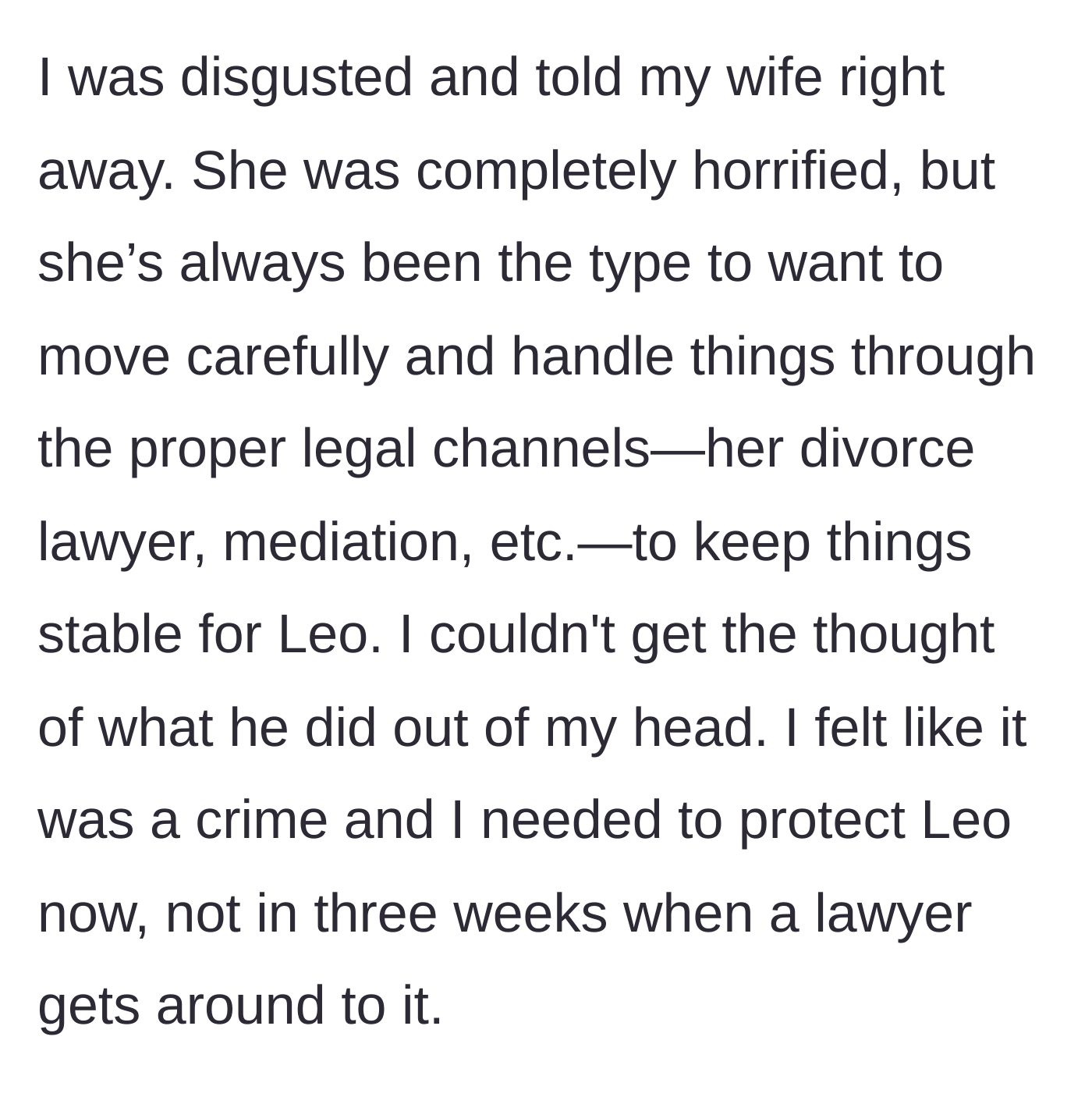 Story part 2 - The stepmother tells her wife, who is horrified but prefers to handle it methodically through legal mediation, clashing with the stepmother's desperate urgency.