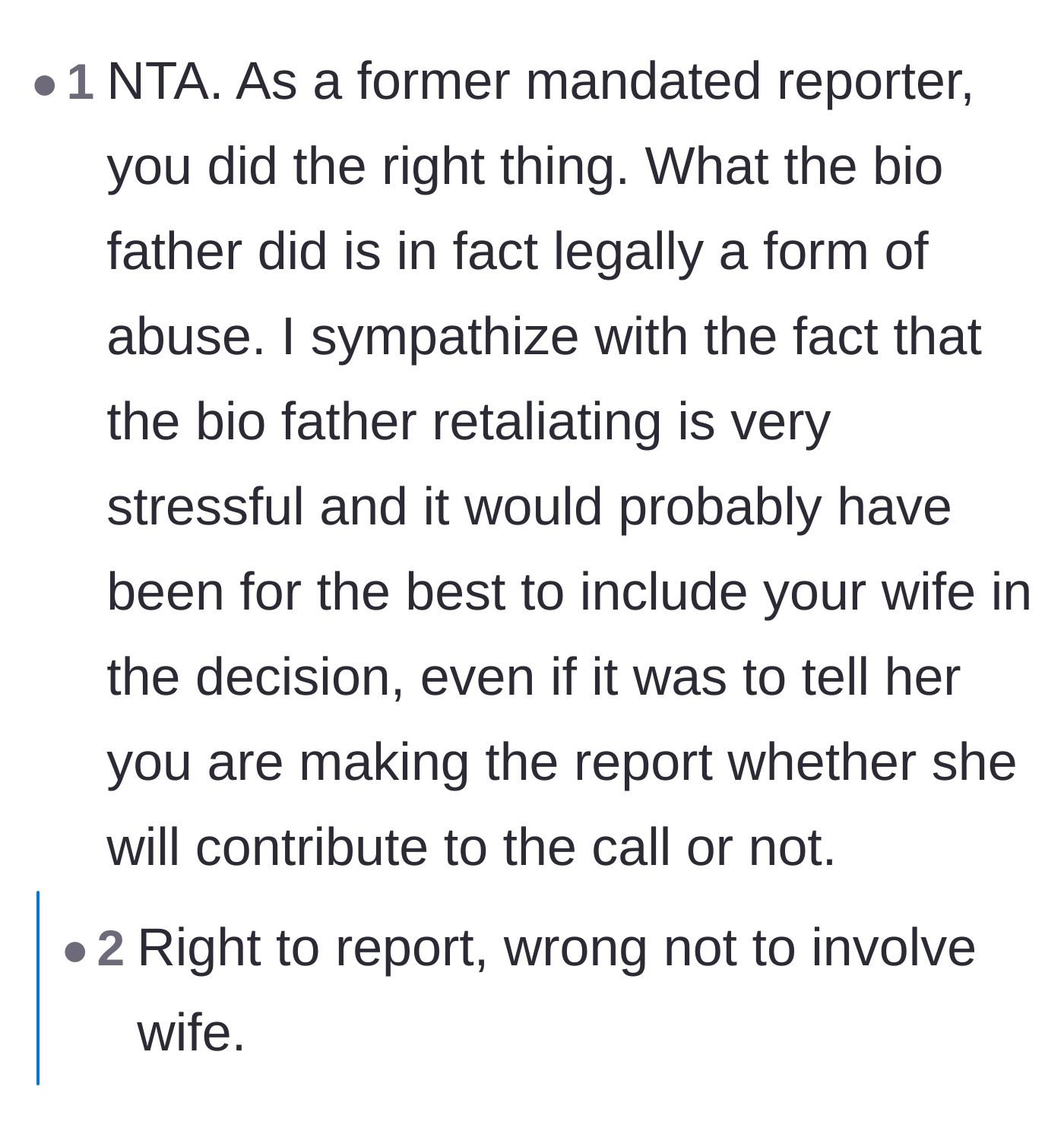 Comment thread 1 - Advice from mandated reporters validating the stepmother's decision to call authorities while acknowledging the heartbreak of her sidelined wife.