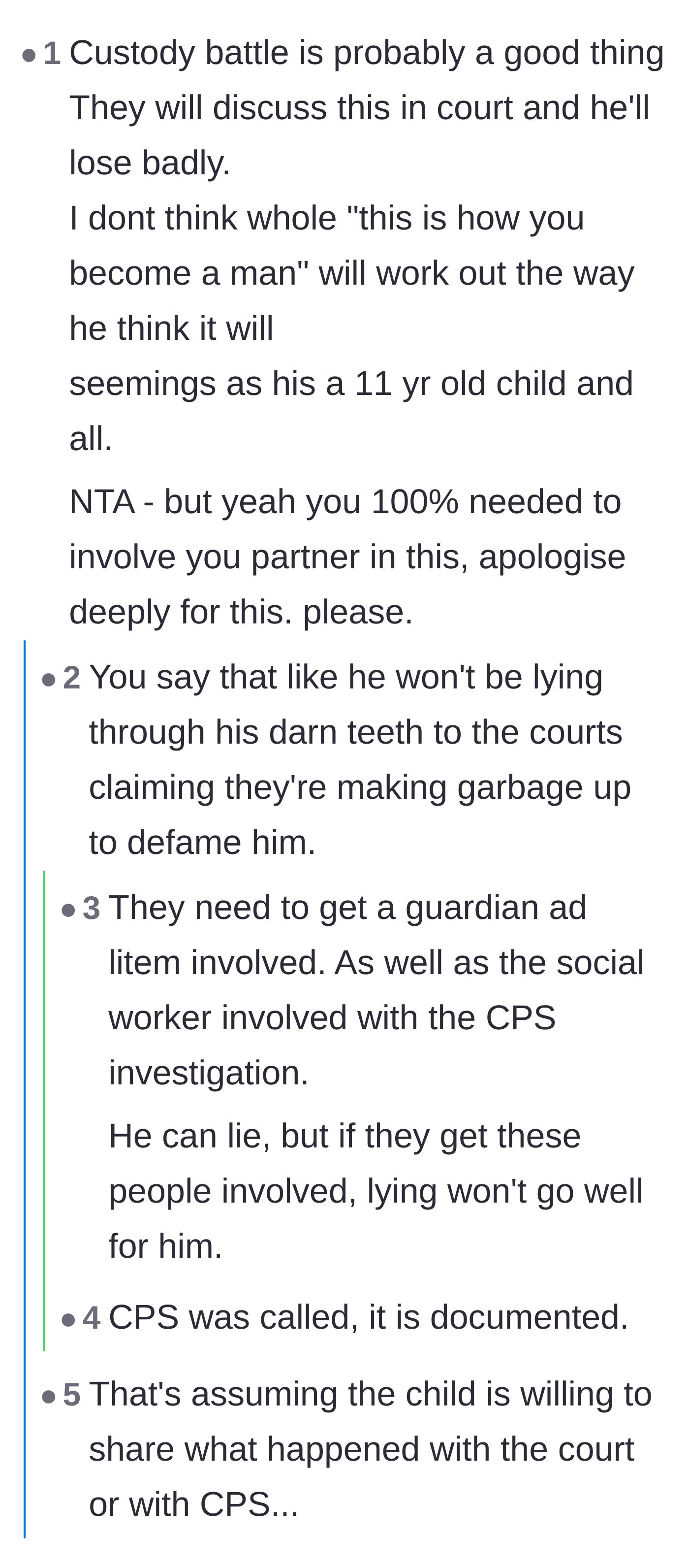 Comment thread 2 - Debate over the retaliatory custody battle and whether the ex-husband's malicious lies will actually hold up in court.