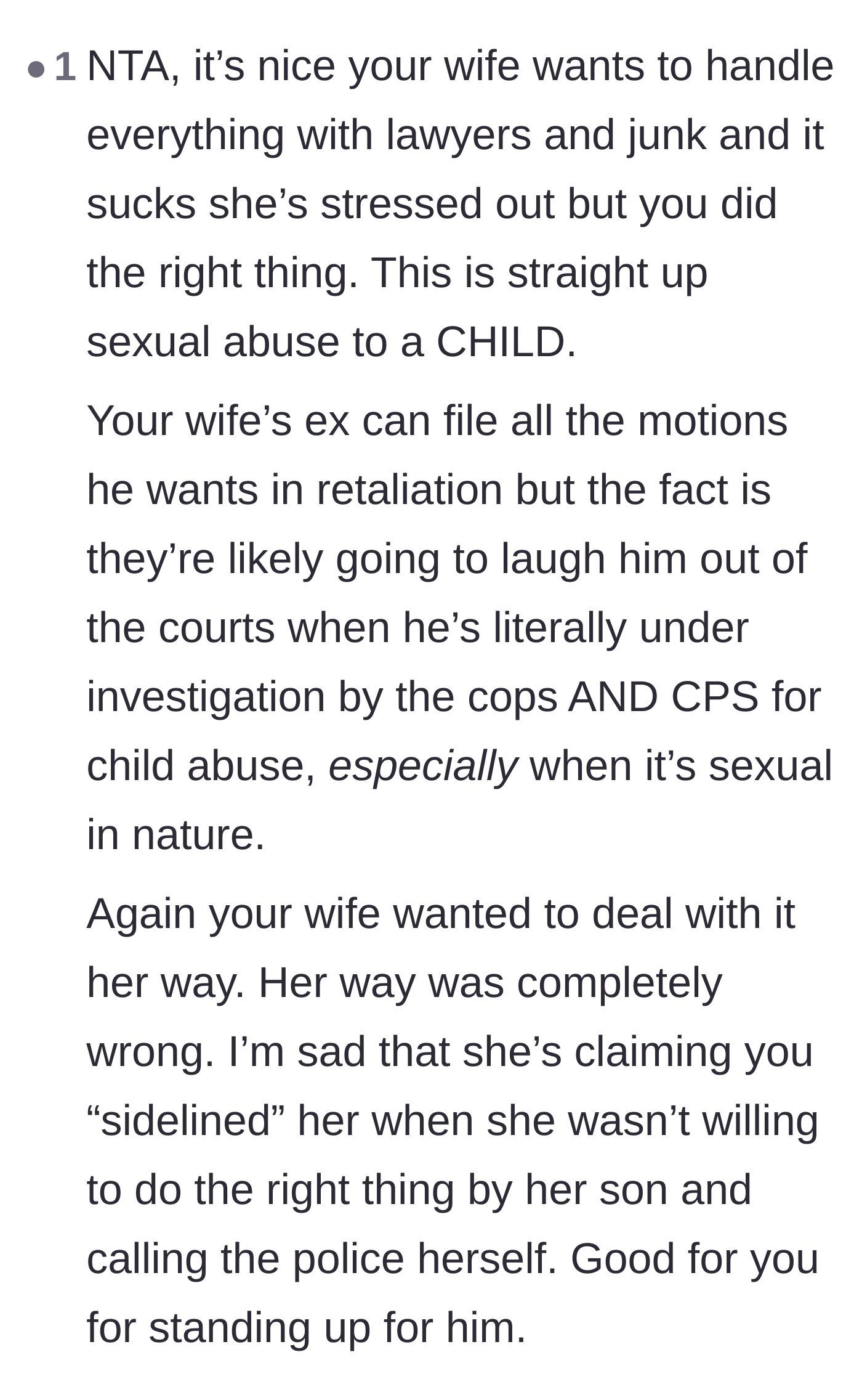 Comment thread 3 - A strong defense of the stepmother's actions, arguing that the biological mother's hesitation and desire to use lawyers was entirely the wrong approach.