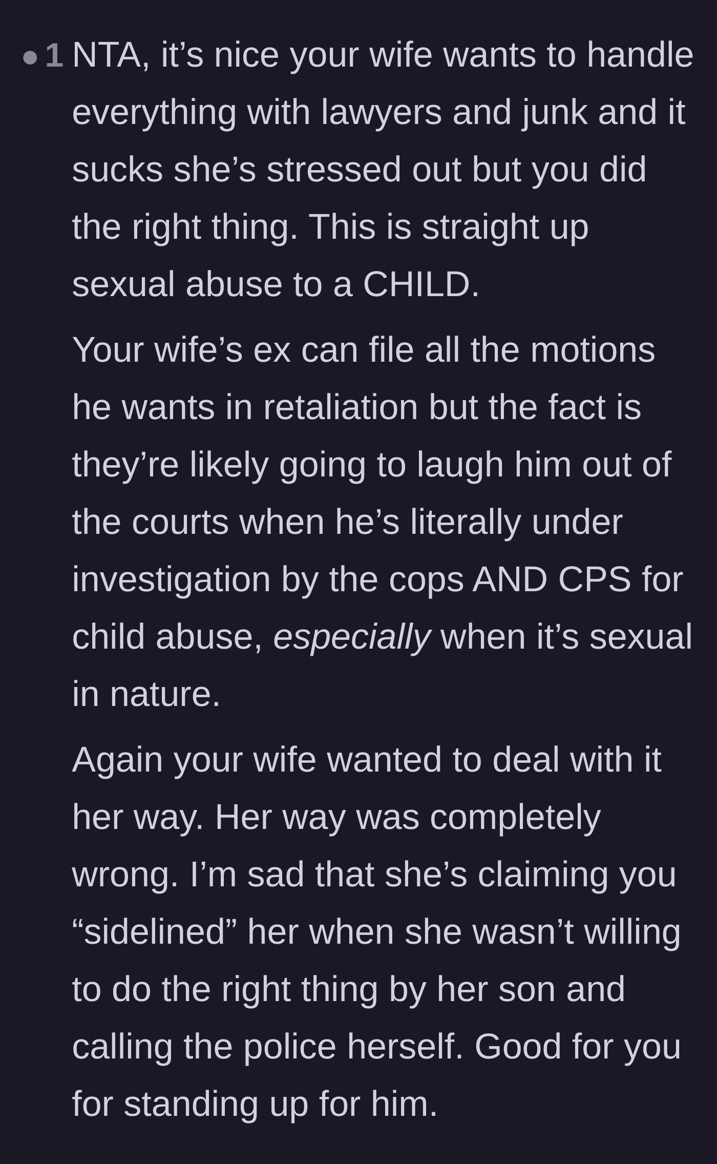 Comment thread 3 - A strong defense of the stepmother's actions, arguing that the biological mother's hesitation and desire to use lawyers was entirely the wrong approach.