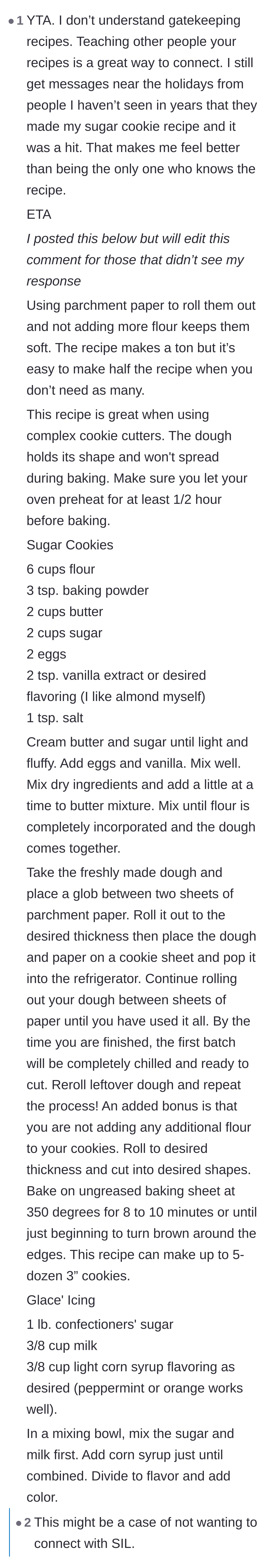 Comment thread 1 - A commenter argues against gatekeeping and shares a massive sugar cookie recipe, while replies defend the author's right to say no to a rude sister-in-law.