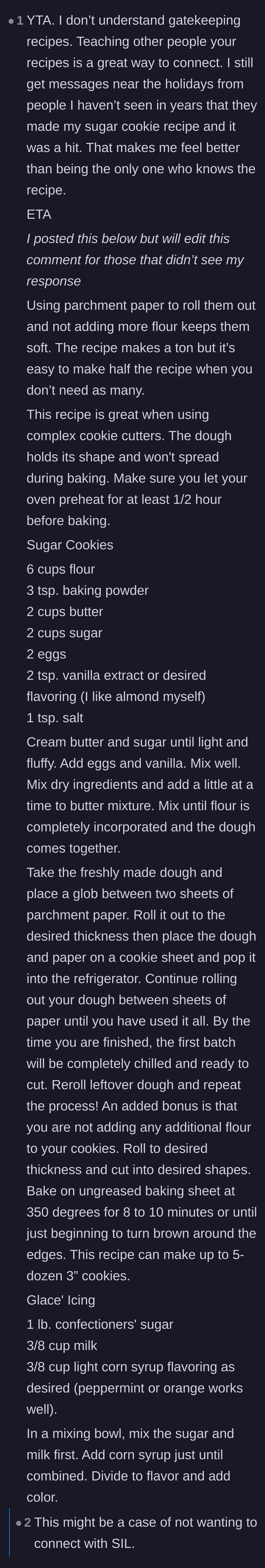 Comment thread 1 - A commenter argues against gatekeeping and shares a massive sugar cookie recipe, while replies defend the author's right to say no to a rude sister-in-law.