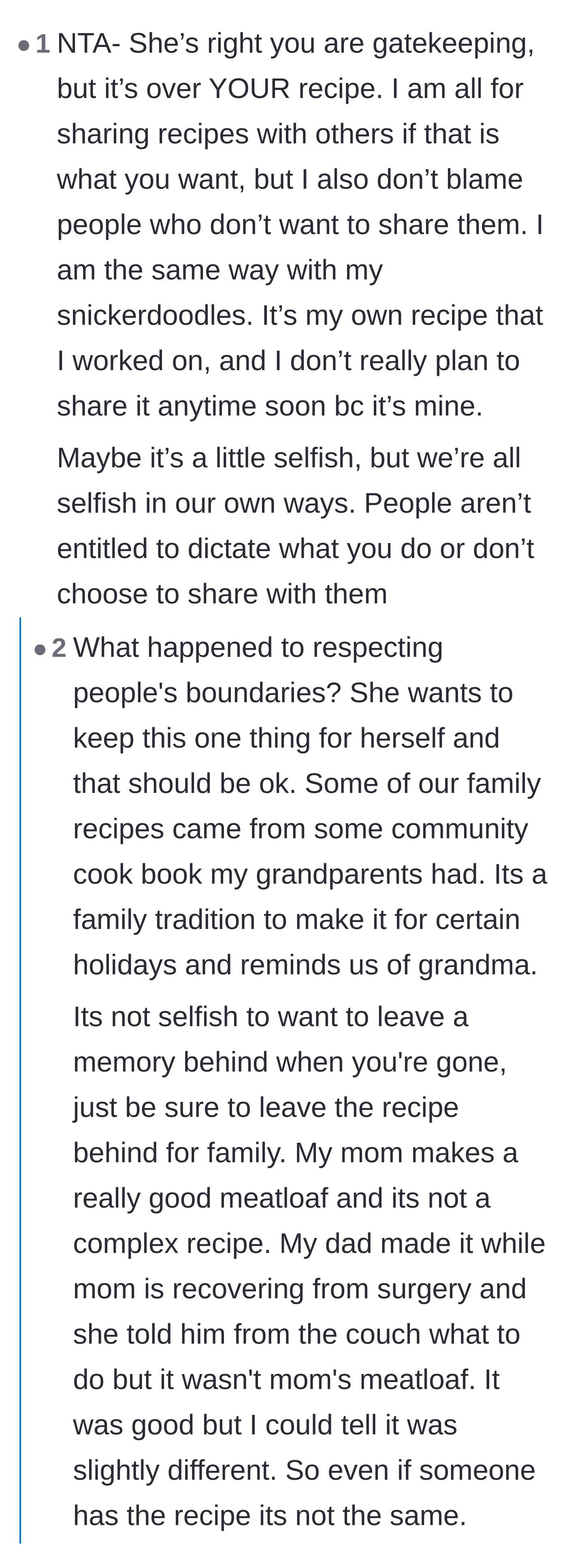 Comment thread 4 - Commenters defending the author's boundaries and pointing out that demanding a secret recipe is actually the selfish act.