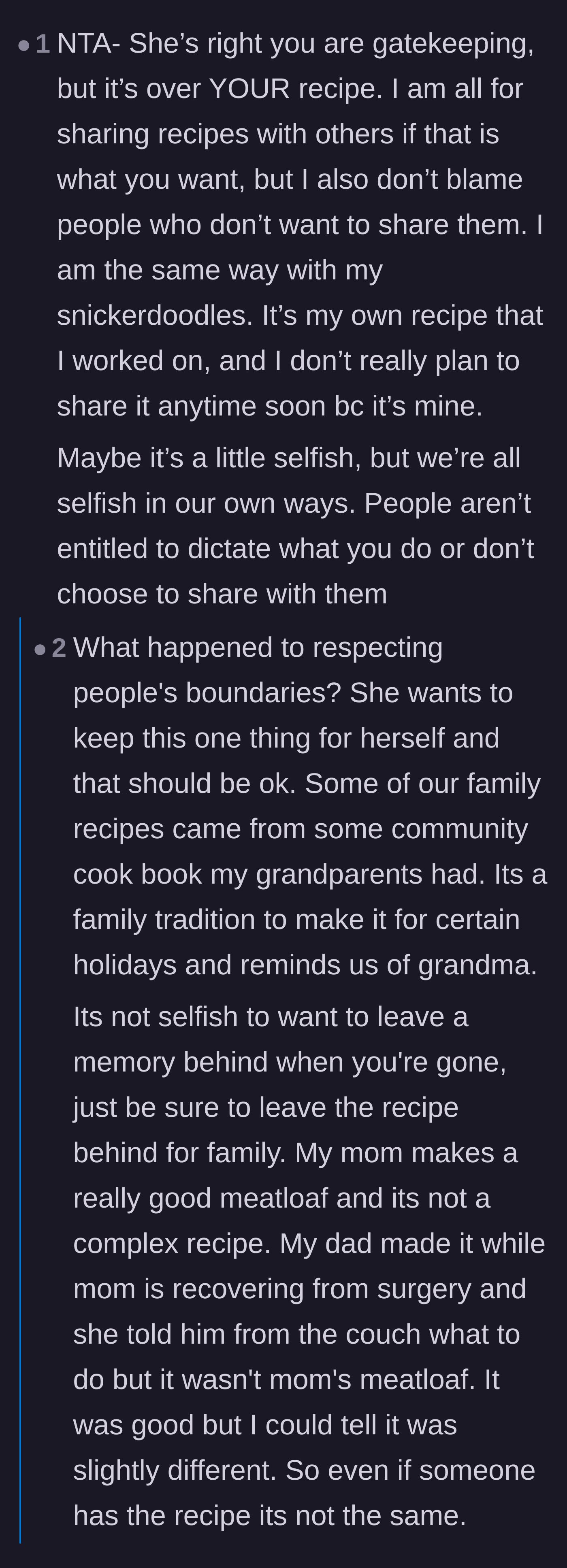 Comment thread 4 - Commenters defending the author's boundaries and pointing out that demanding a secret recipe is actually the selfish act.