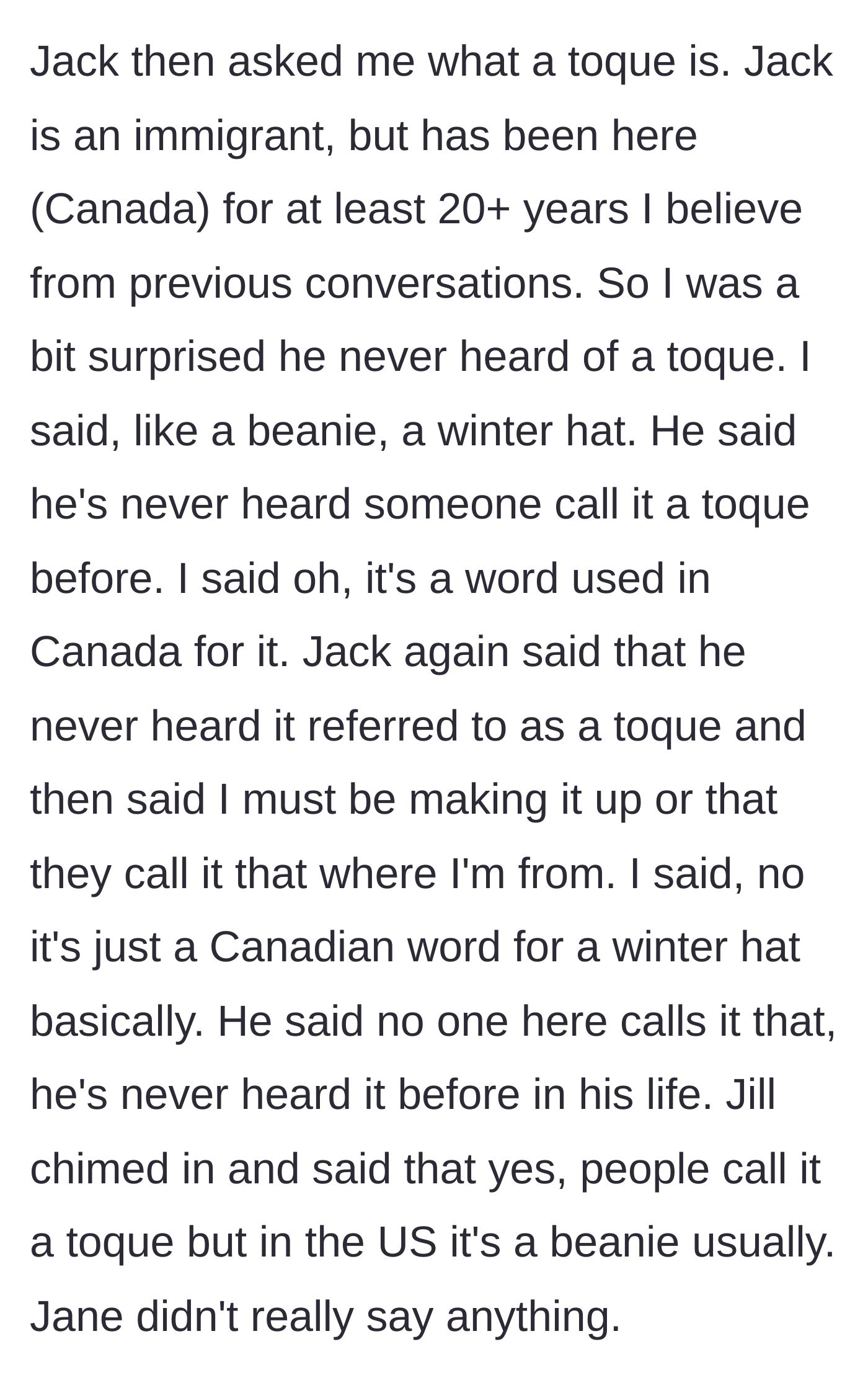 Story part 3 - Jack refuses to believe the word 'toque' exists, even after another coworker backs up the main character.