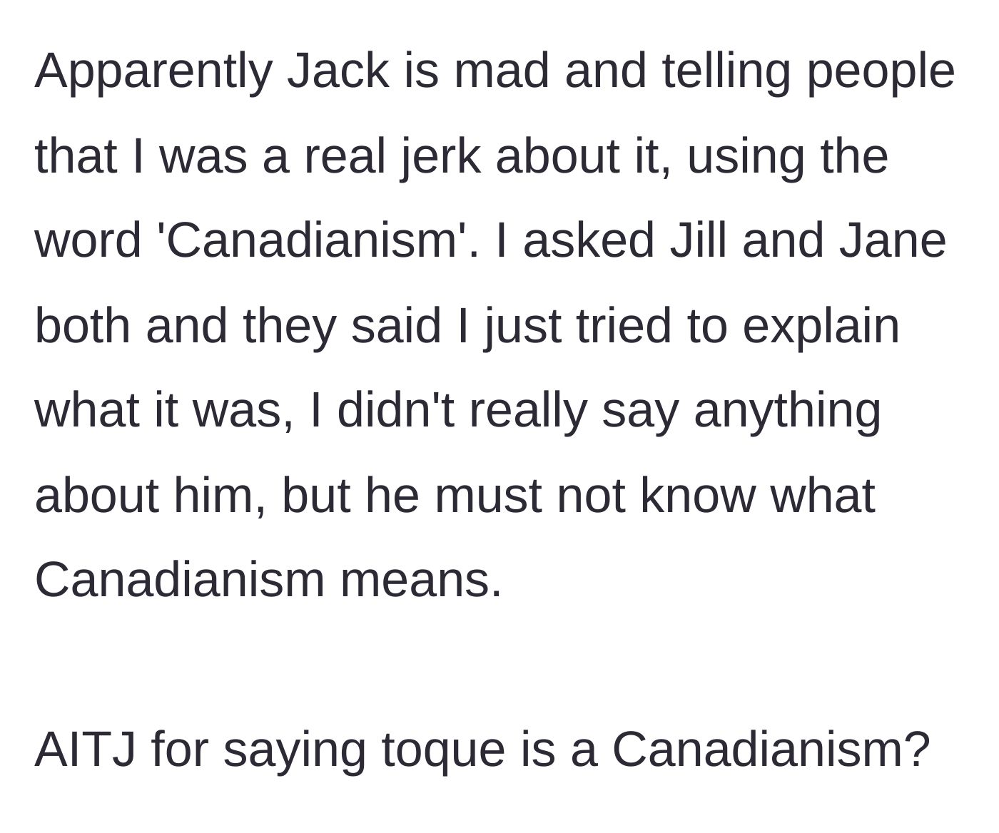 Story part 5 - Jack gossips behind the main character's back, complaining about the word choice.