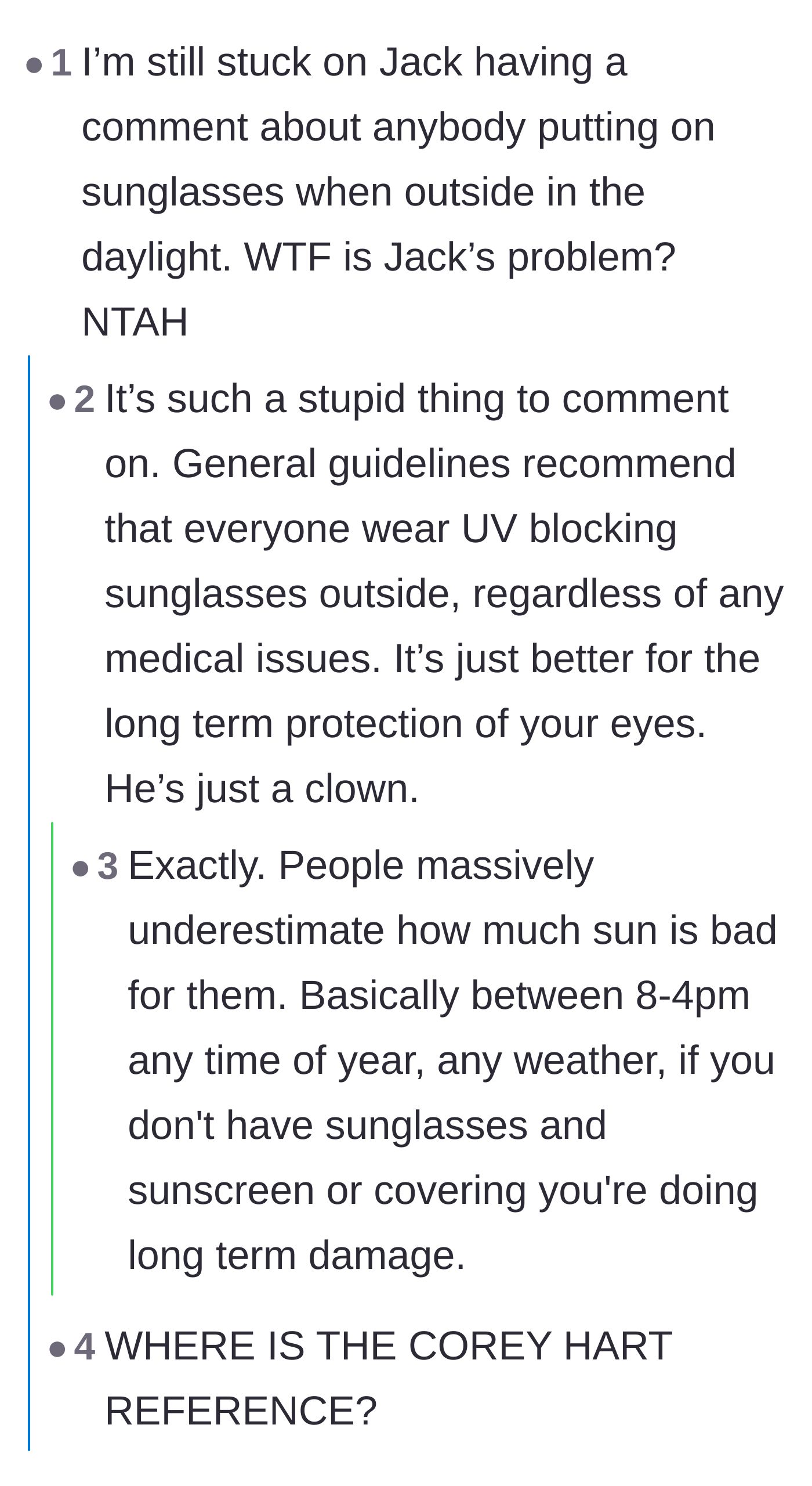Comment thread 3 - Readers expressing pure bafflement over Jack being offended by someone shielding their eyes from daylight.
