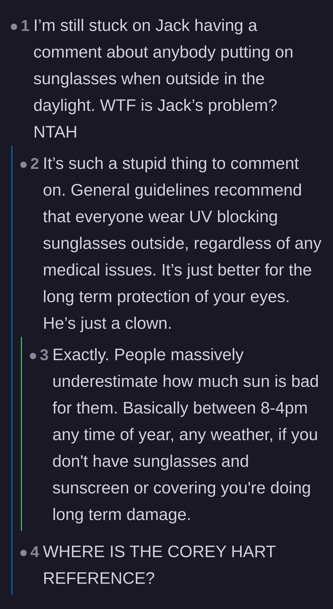 Comment thread 3 - Readers expressing pure bafflement over Jack being offended by someone shielding their eyes from daylight.