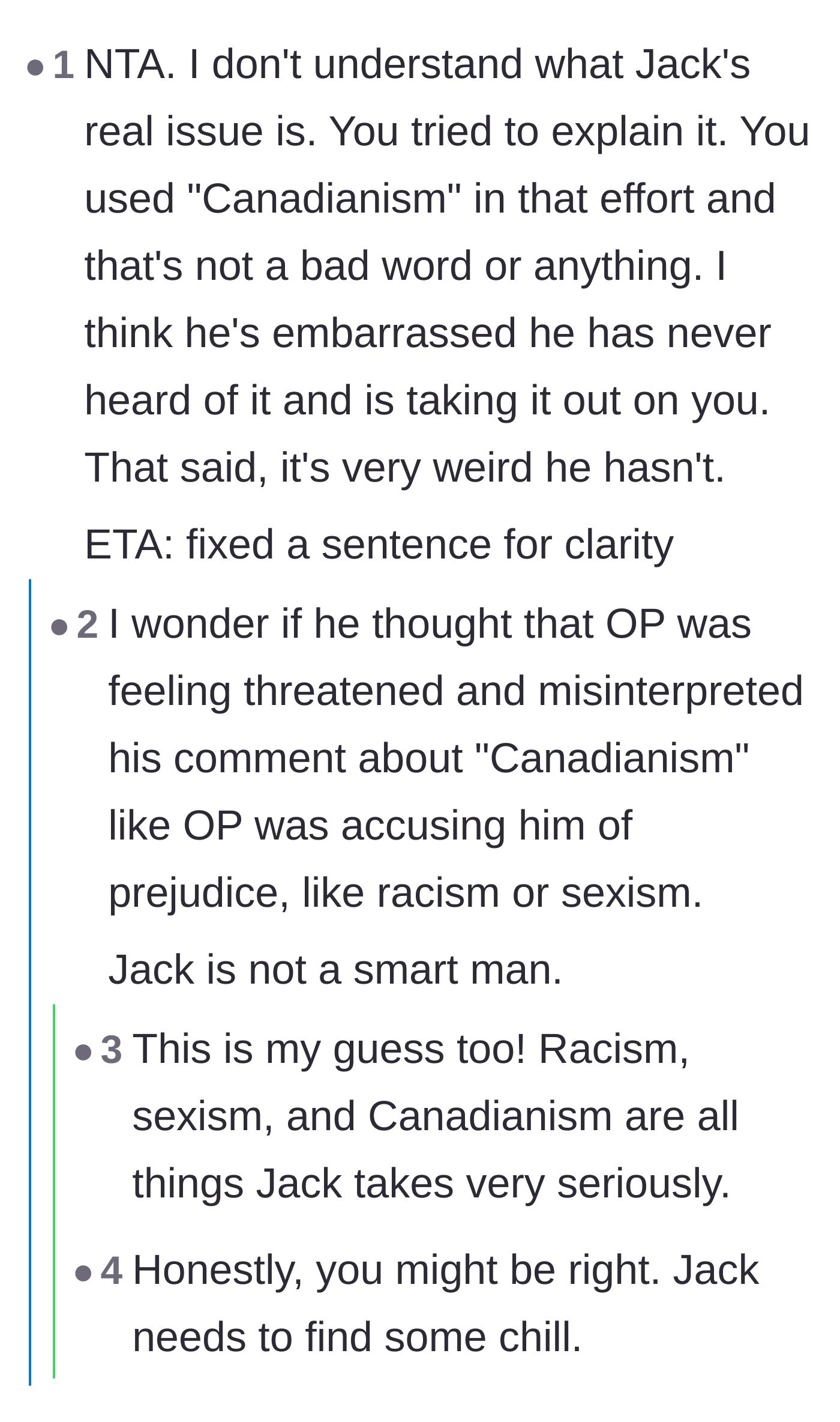 Comment thread 6 - Theorizing that Jack's fragile ego mistook the linguistic term 'Canadianism' for a severe accusation like racism.