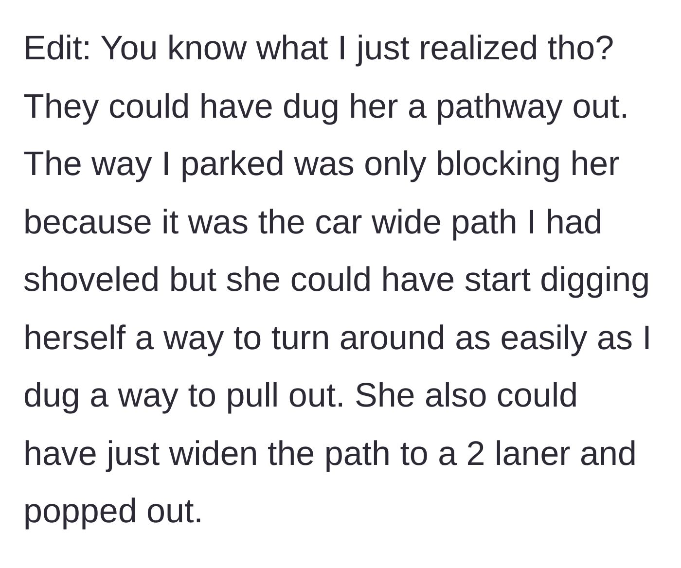 Story part 12 - Someone gesturing toward an un-shoveled snowy path behind a trapped car.