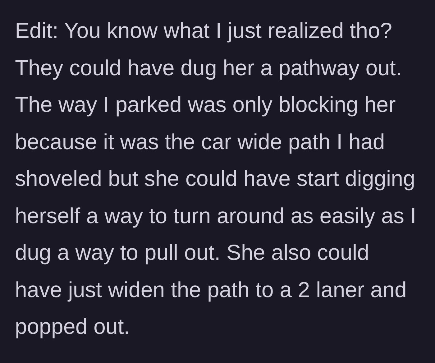 Story part 12 - Someone gesturing toward an un-shoveled snowy path behind a trapped car.