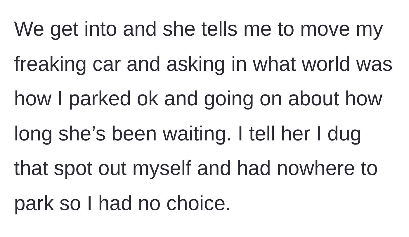 Story part 6 - A red-faced woman yelling aggressively in a snowy parking lot.