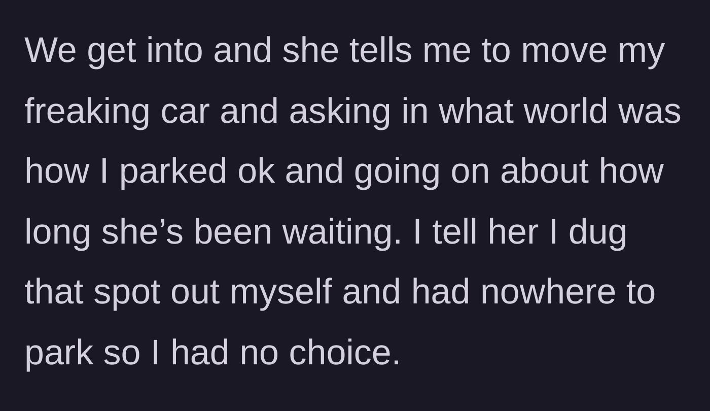 Story part 6 - A red-faced woman yelling aggressively in a snowy parking lot.