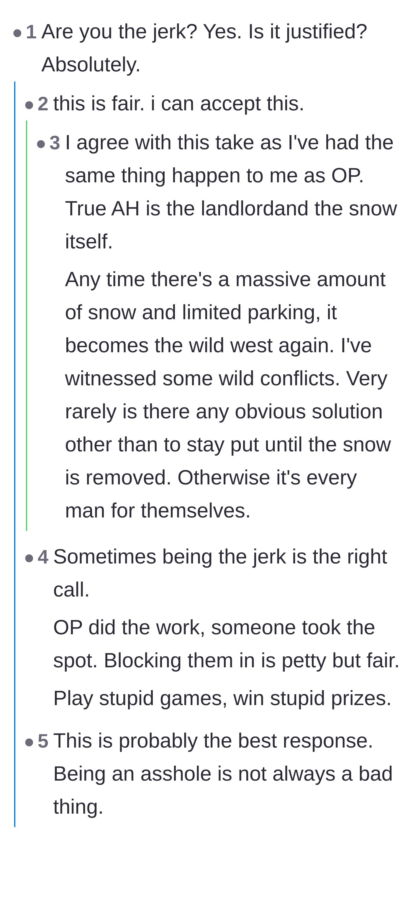 Comment thread 1 - A discussion about how extreme winter weather turns parking into a lawless survival of the fittest.