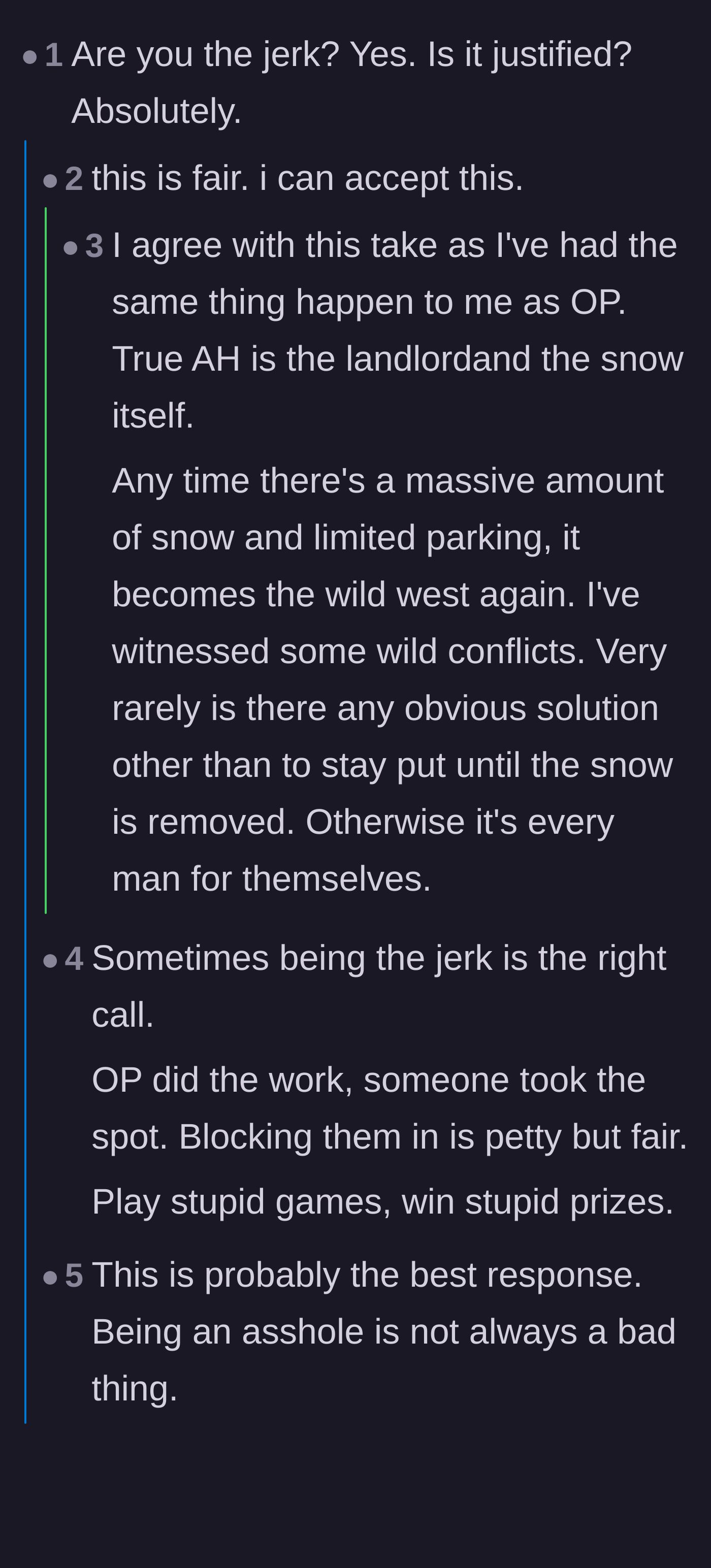 Comment thread 1 - A discussion about how extreme winter weather turns parking into a lawless survival of the fittest.