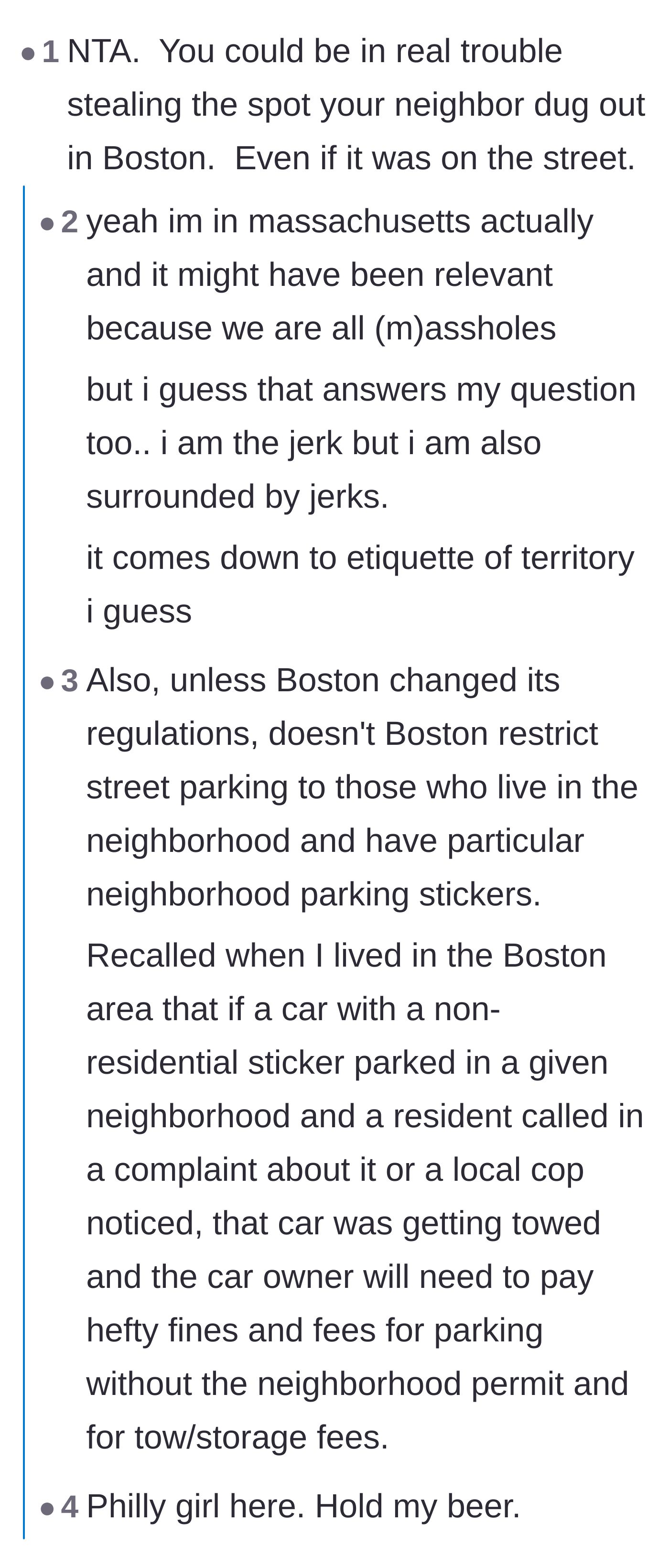 Comment thread 2 - Regional debate on East Coast parking etiquette and the unspoken rules of reserving a cleared space.