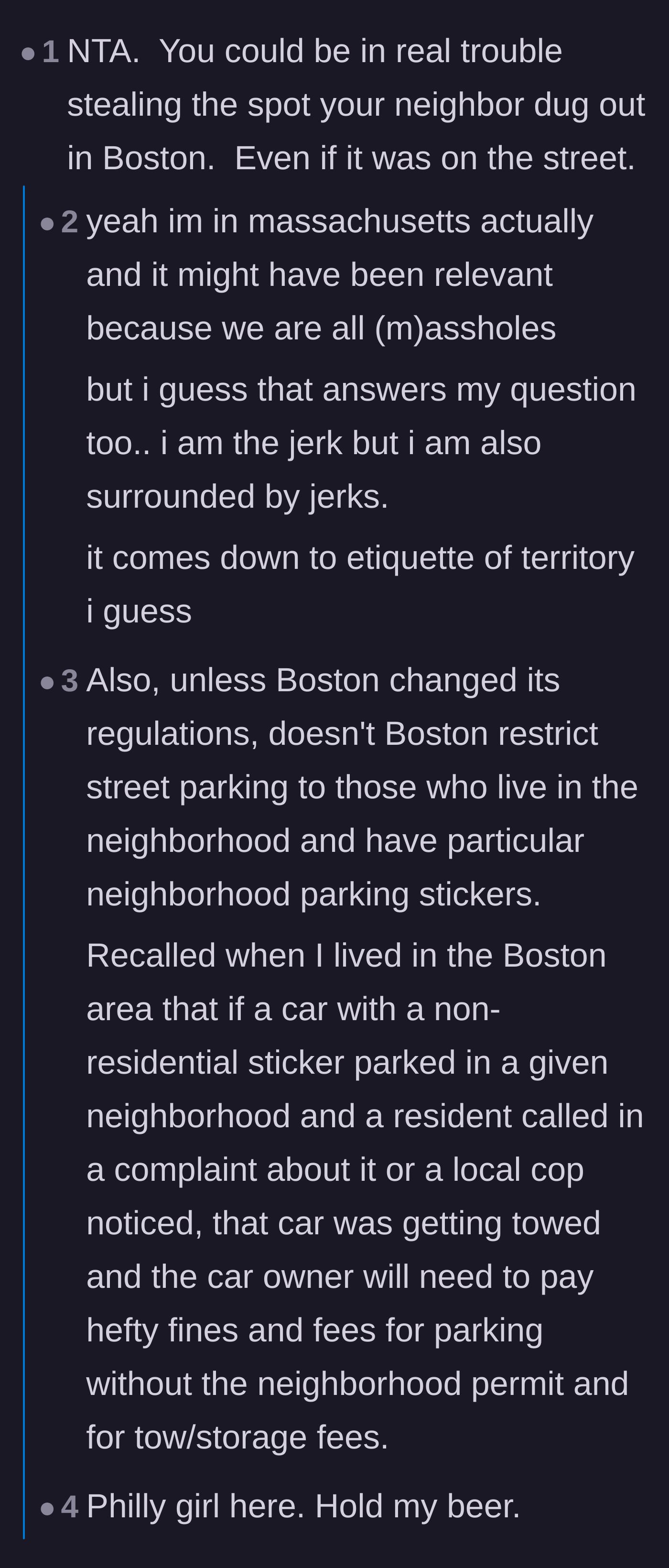 Comment thread 2 - Regional debate on East Coast parking etiquette and the unspoken rules of reserving a cleared space.