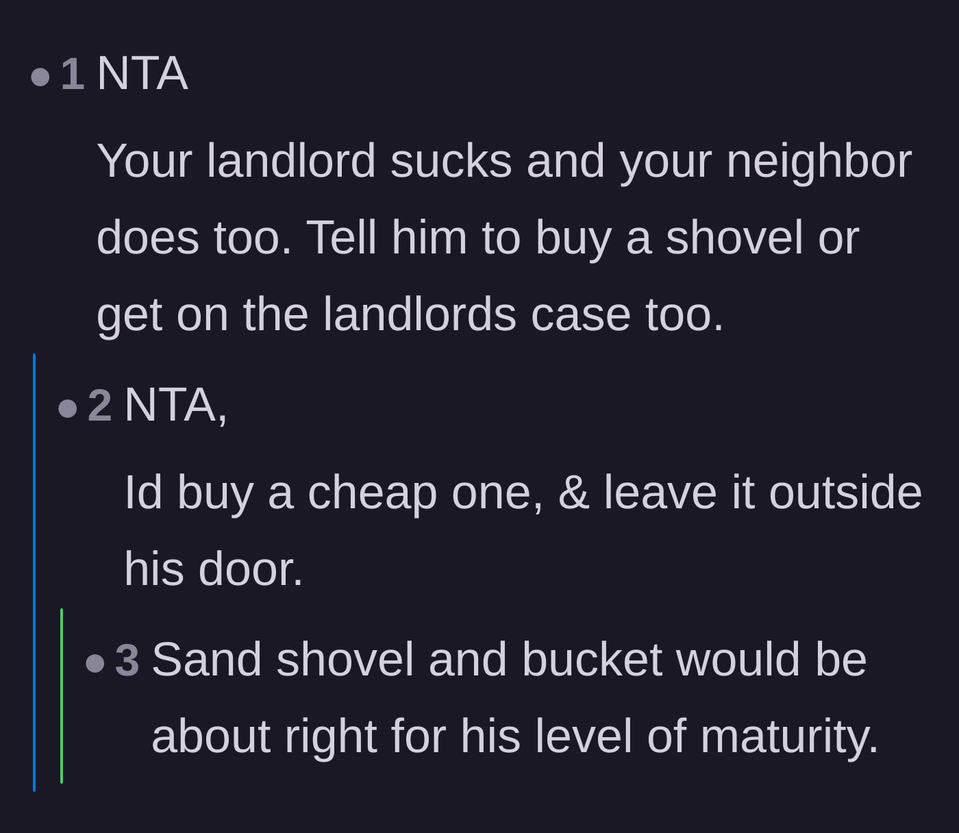 Comment thread 5 - Critics calling out the neighbor's lack of preparation and joking about gifting him a child's toy shovel.