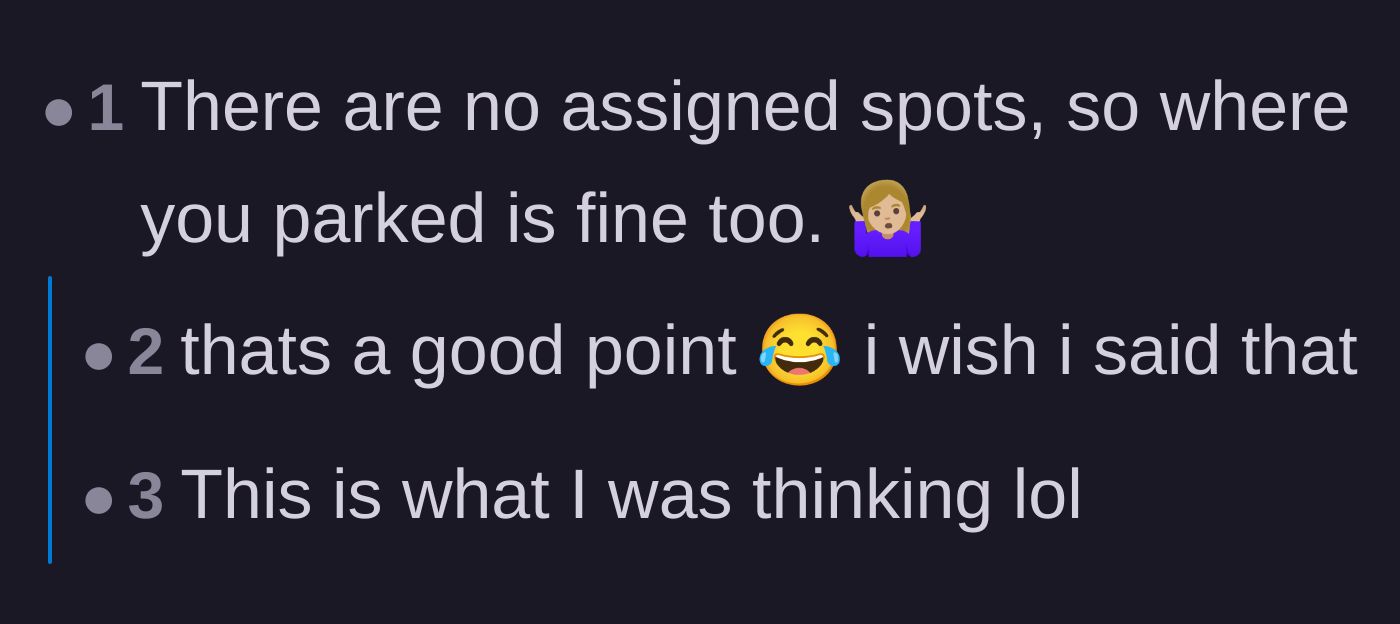Comment thread 6 - A clever reader pointing out that if spots are unassigned, blocking someone in is technically allowed.
