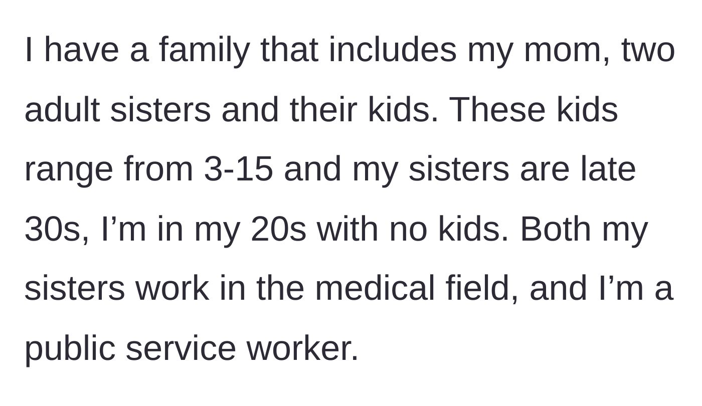 Story part 1 - The author introduces her older, medical-field sisters and their large pack of kids.