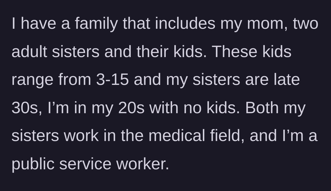 Story part 1 - The author introduces her older, medical-field sisters and their large pack of kids.