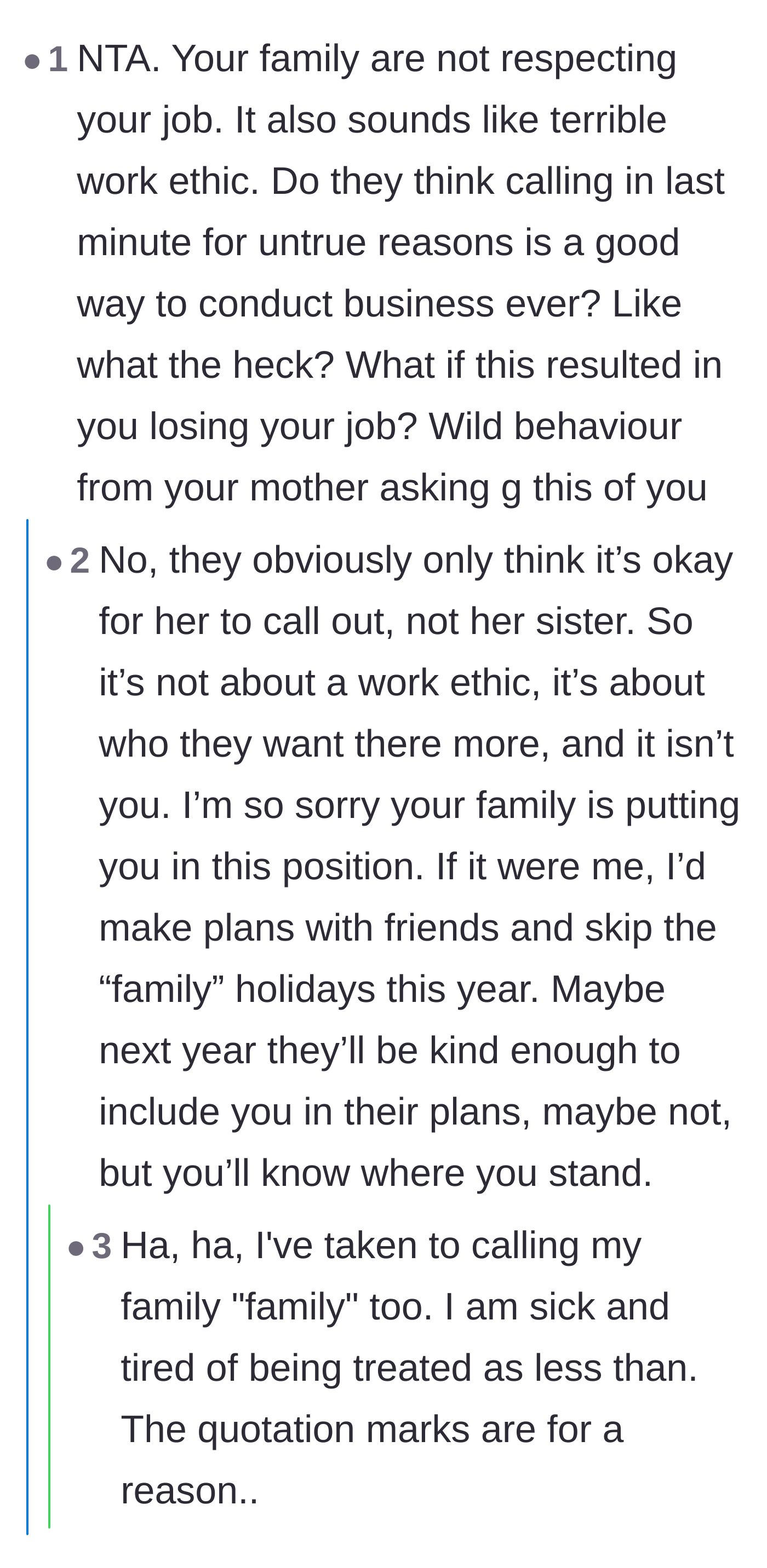 Comment thread 2 - A deep discussion calling out the family's blatant disrespect for her job and the painful reality of being the family scapegoat.