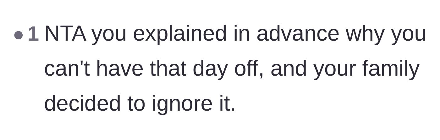 Comment thread 4 - A straightforward comment affirming that the family chose to willfully ignore her previously stated work schedule.