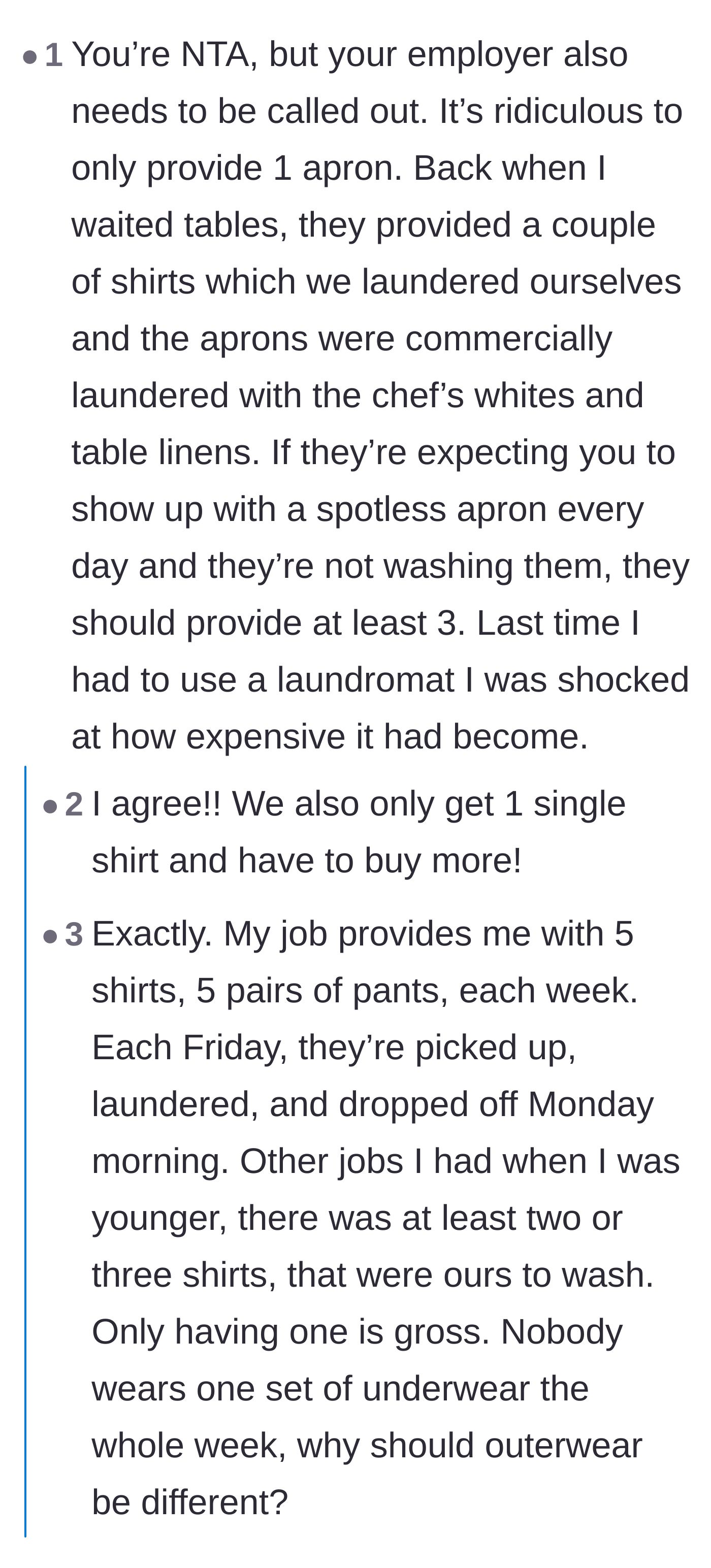 Comment thread 4 - Critiquing the employer for only providing one apron and pushing laundry costs onto staff.