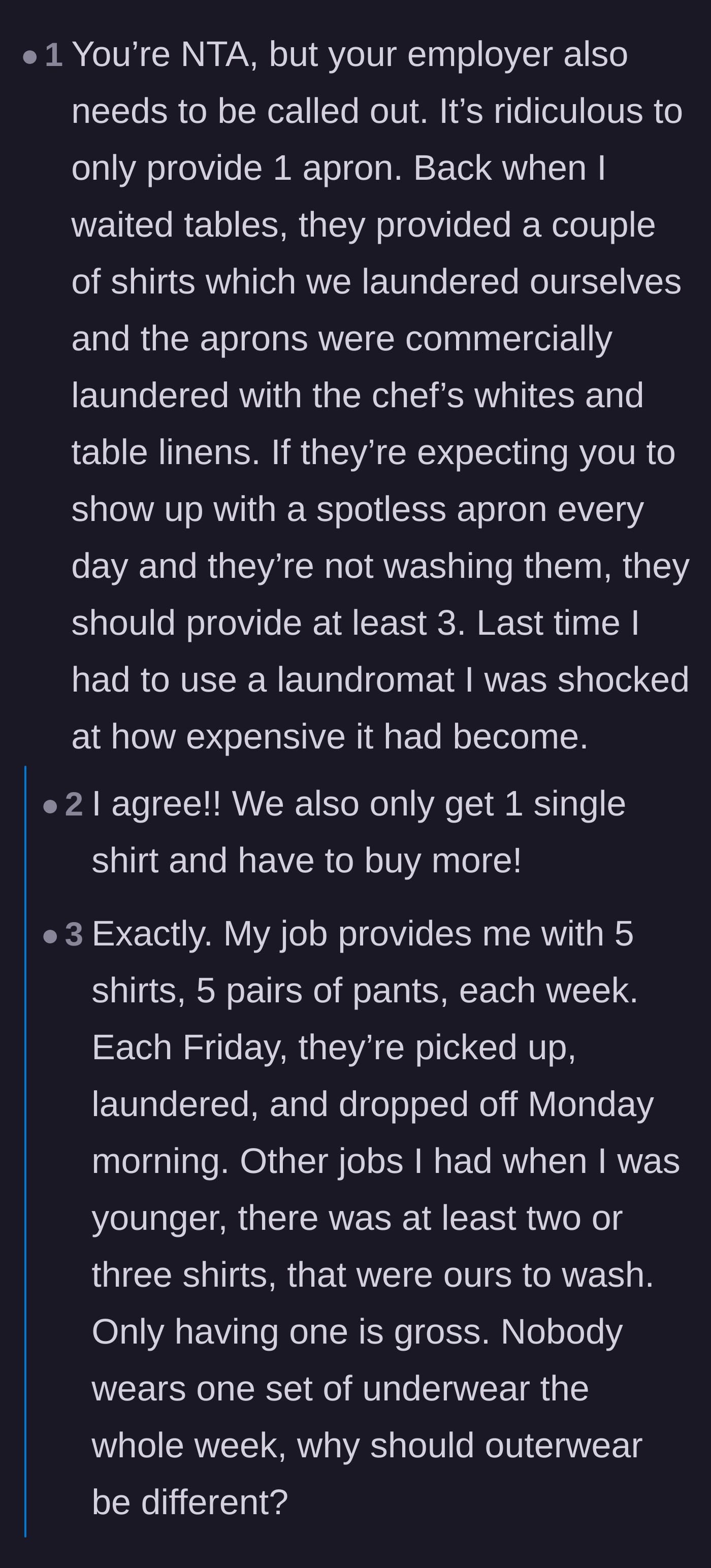 Comment thread 4 - Critiquing the employer for only providing one apron and pushing laundry costs onto staff.