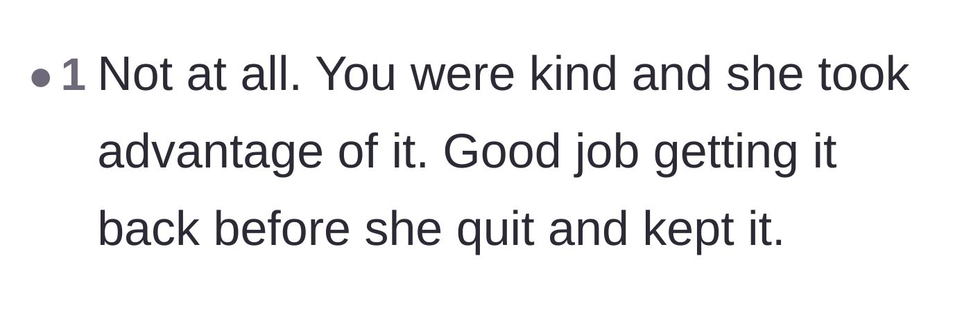 Comment thread 5 - Congratulating the main character for reclaiming her property before the coworker potentially kept it forever.