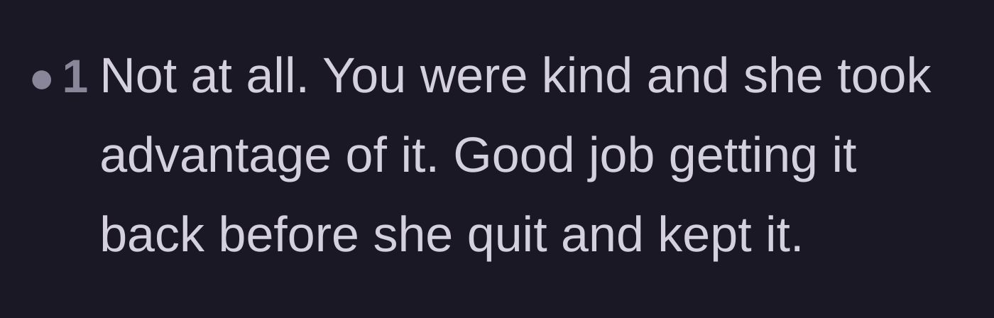 Comment thread 5 - Congratulating the main character for reclaiming her property before the coworker potentially kept it forever.