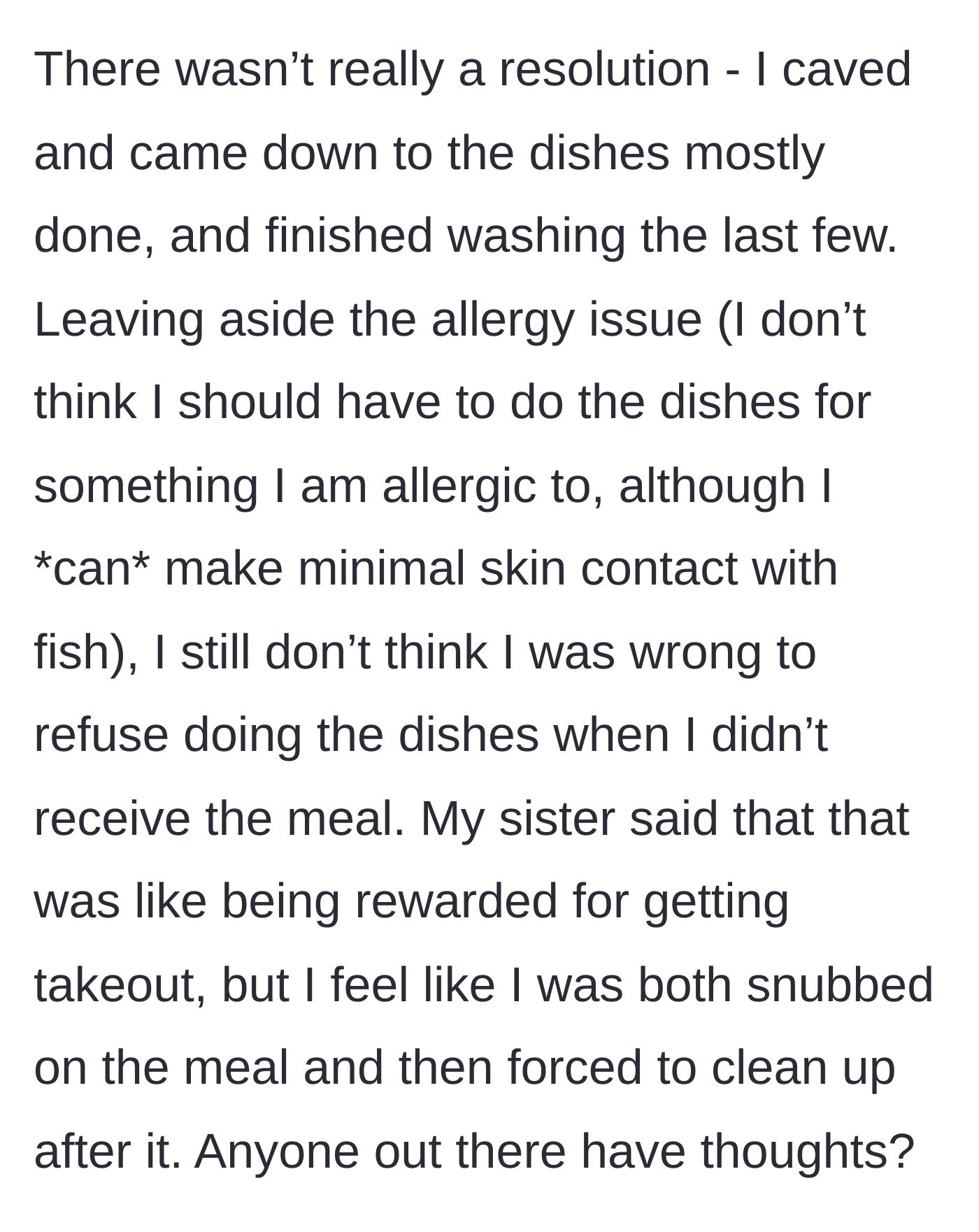 Story part 4 - The daughter caves and finishes the dishes while the sister sides with the dad