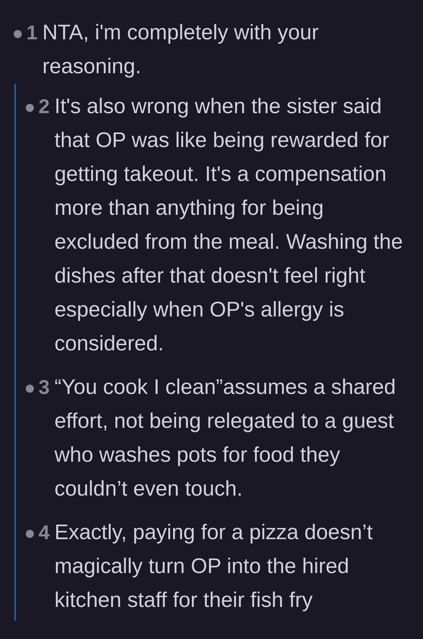 Comment thread 1 - Debating how the 'you cook, I clean' rule doesn't apply to meals you're excluded from