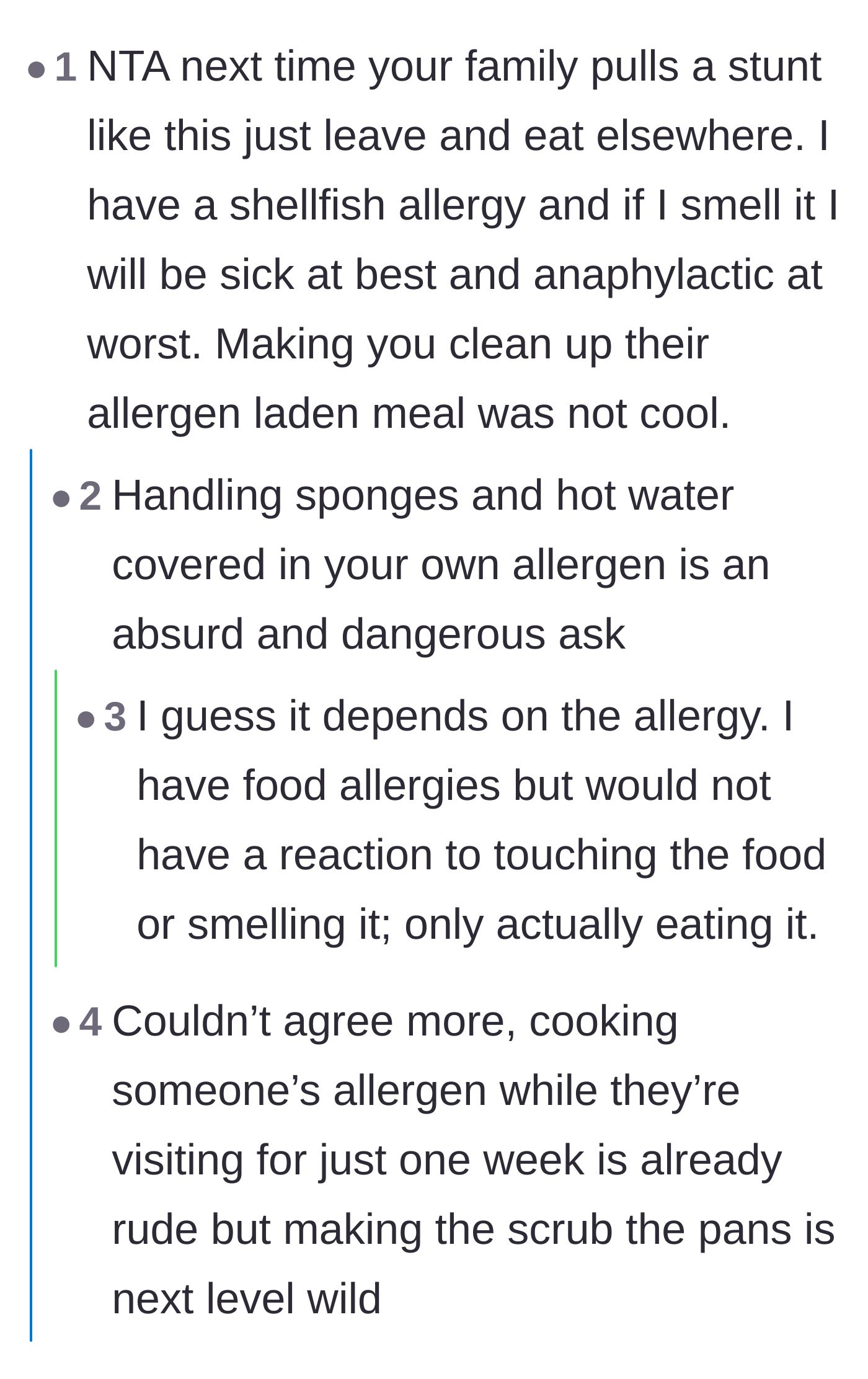 Comment thread 2 - Highlighting the danger of making someone with an allergy wash dishes covered in their allergen