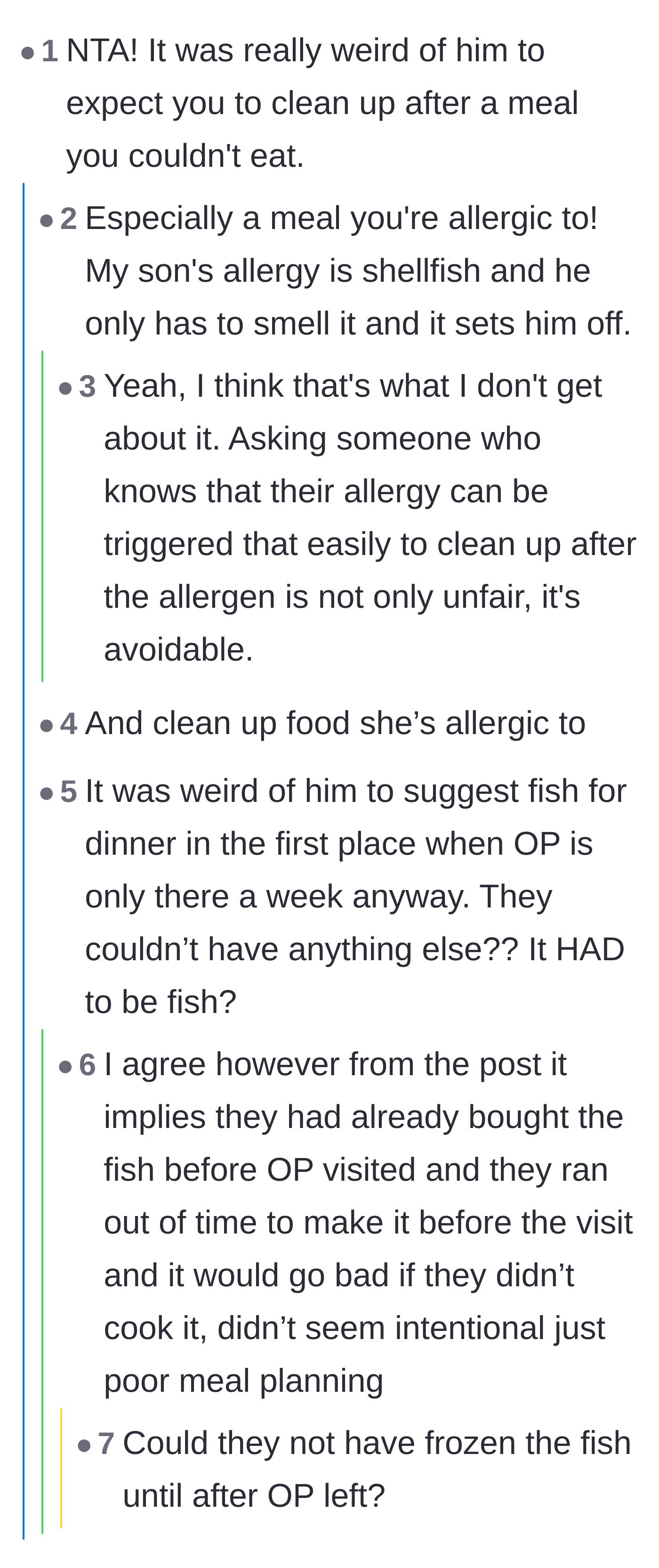 Comment thread 3 - Questioning why the parents couldn't just freeze the fish until after her one-week visit