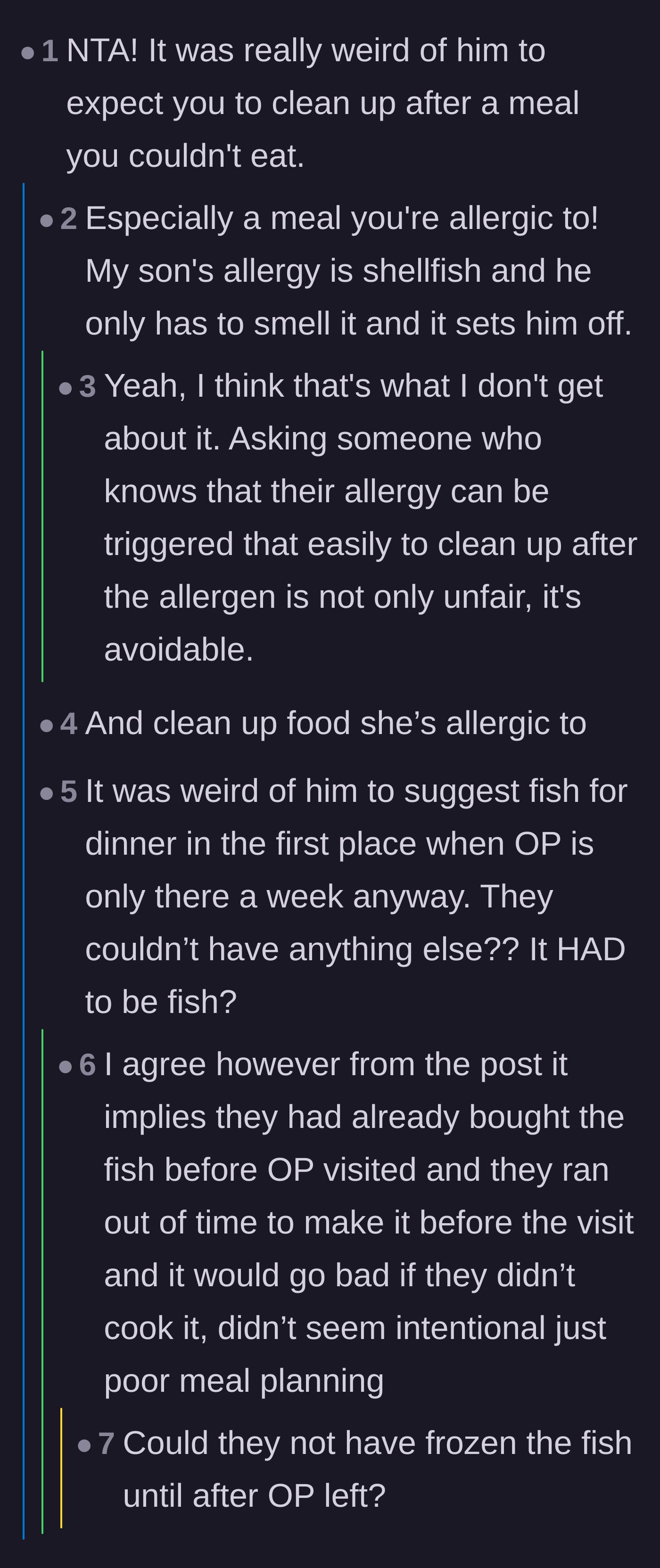 Comment thread 3 - Questioning why the parents couldn't just freeze the fish until after her one-week visit