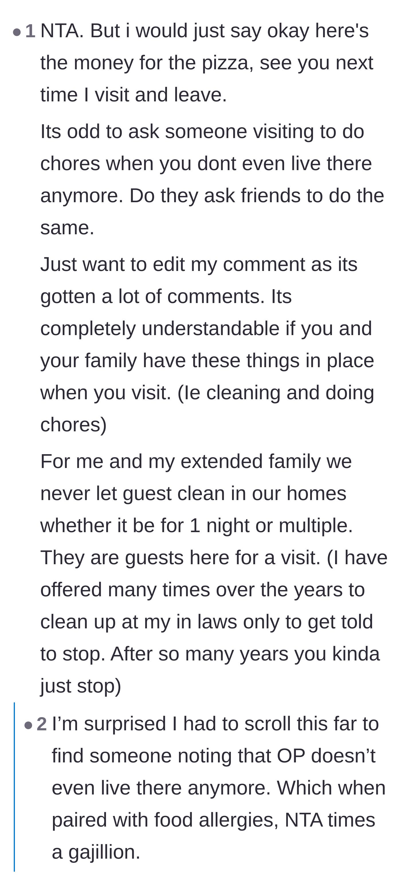 Comment thread 5 - Discussing how weird it is to make an adult guest do chores during a short visit
