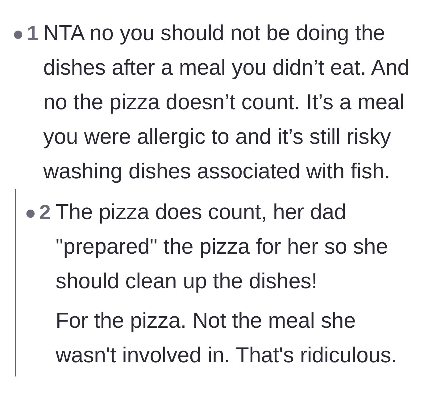 Comment thread 6 - Suggesting she should only clean up the dishes associated with her pizza