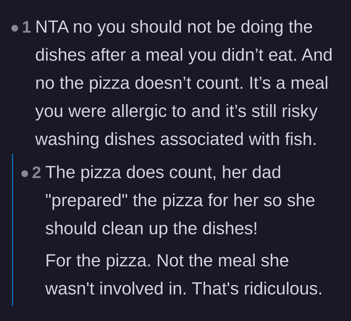 Comment thread 6 - Suggesting she should only clean up the dishes associated with her pizza