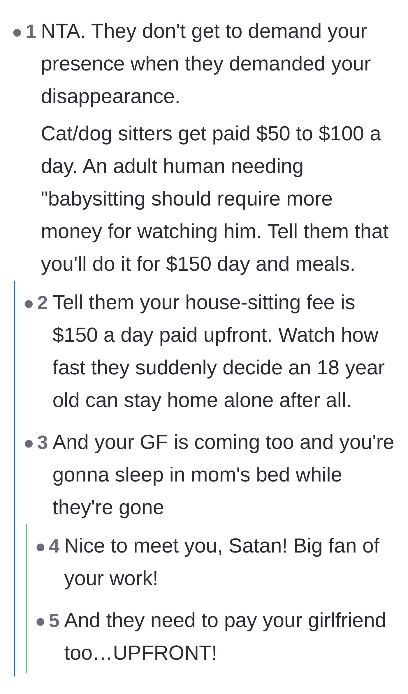 Comment thread 1 - A discussion suggesting the author charge a $150 daily pet-sitting fee upfront.