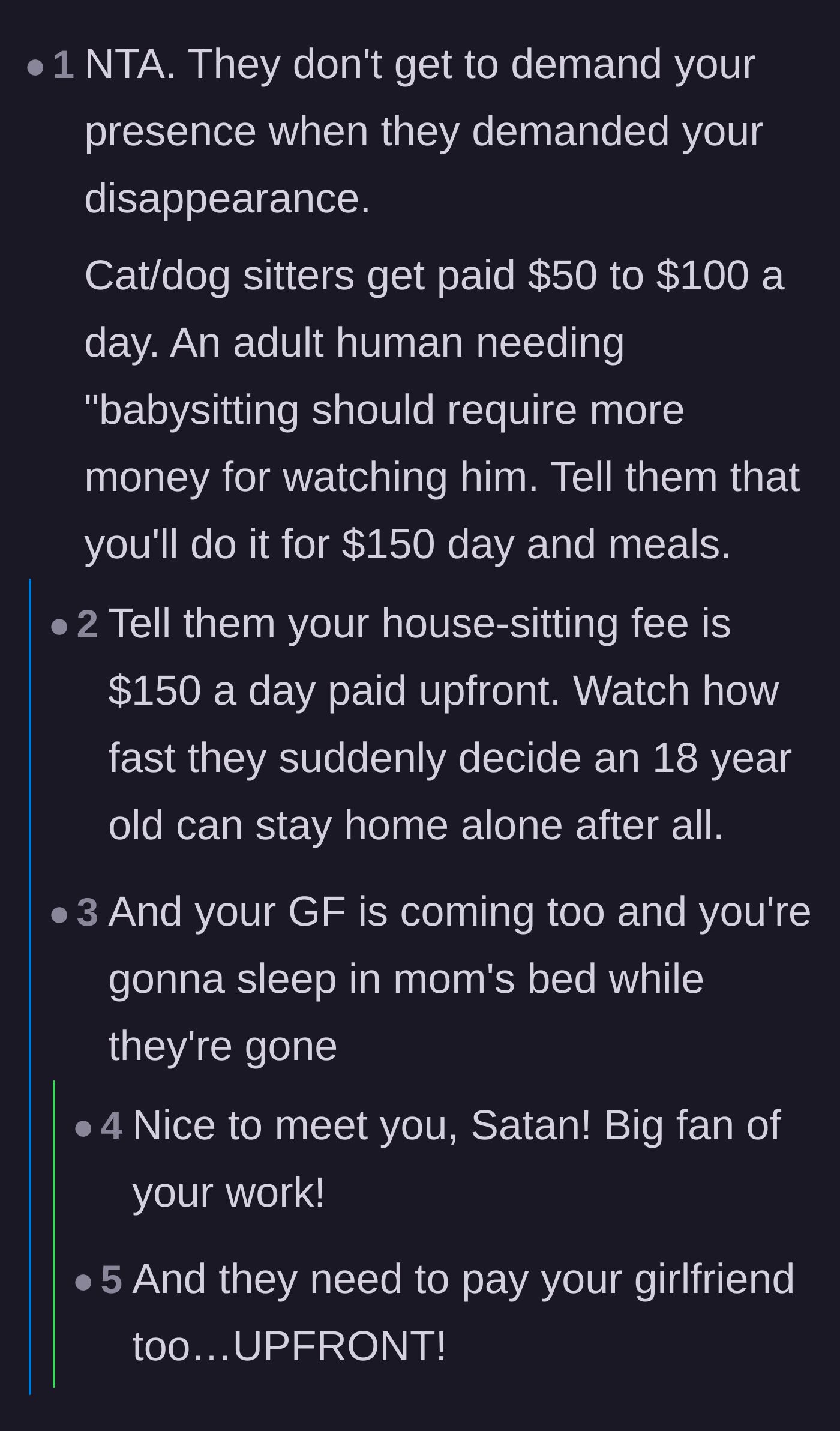 Comment thread 1 - A discussion suggesting the author charge a $150 daily pet-sitting fee upfront.