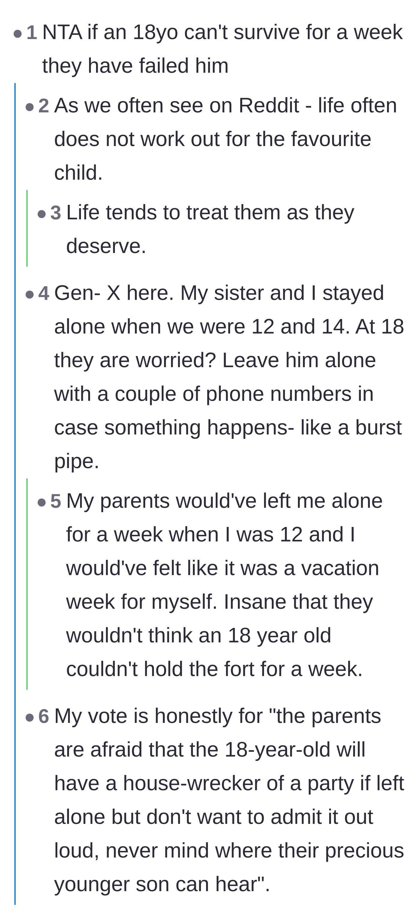 Comment thread 2 - Users debating whether the 18-year-old is genuinely helpless or just untrustworthy enough to throw a massive house party.