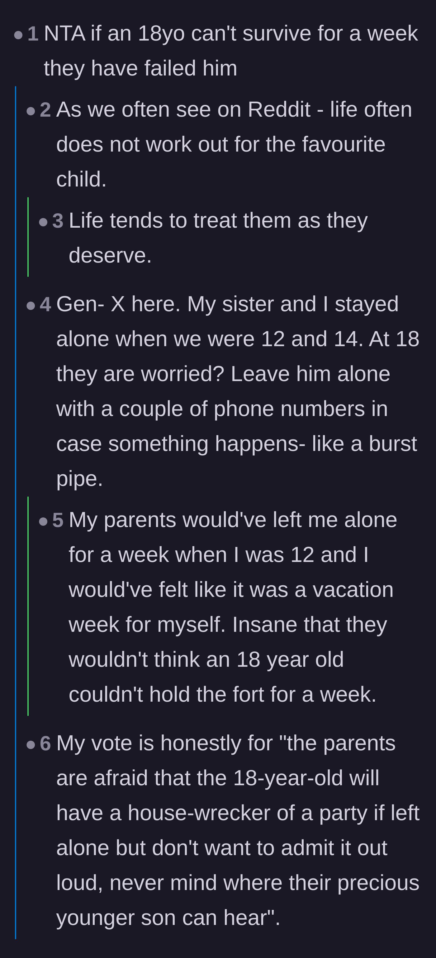 Comment thread 2 - Users debating whether the 18-year-old is genuinely helpless or just untrustworthy enough to throw a massive house party.