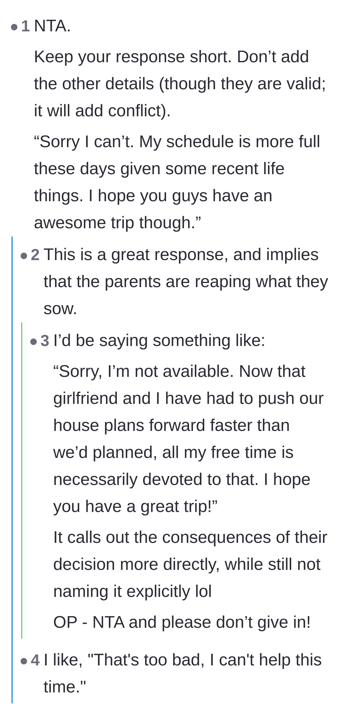 Comment thread 3 - A thread advising the author to decline the request with a short, politely vague text message.