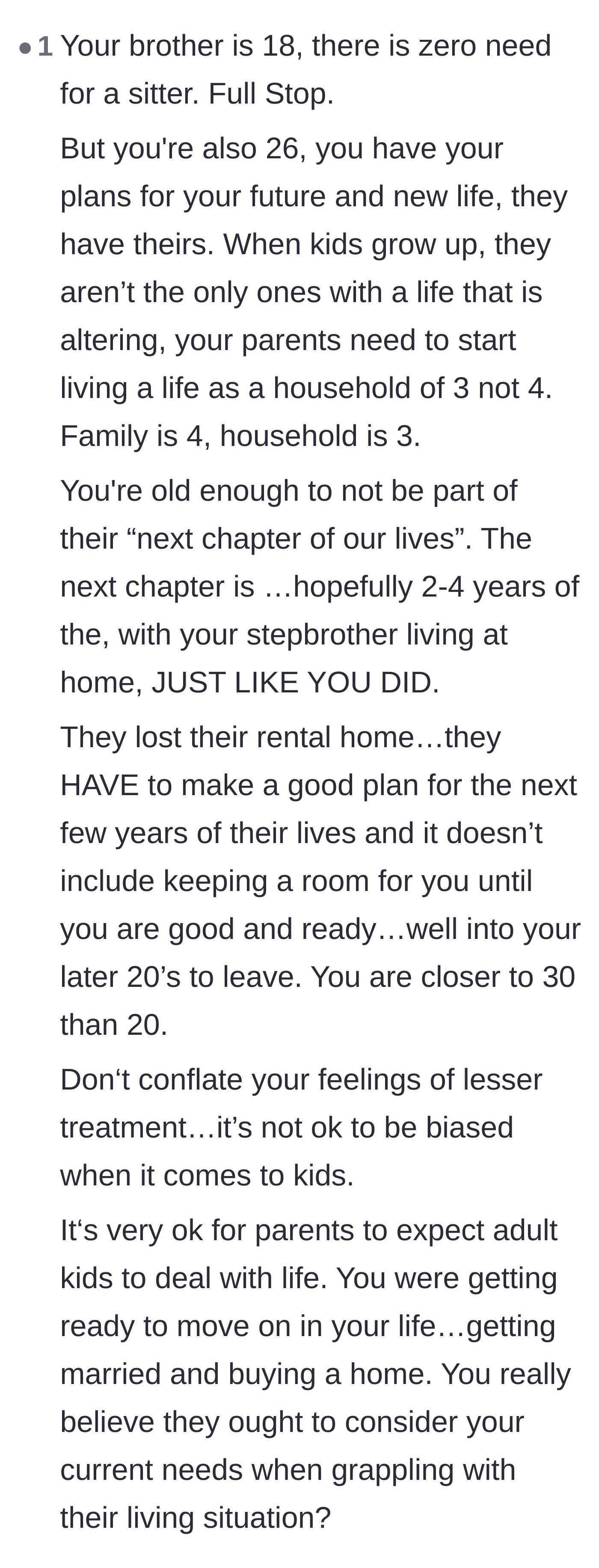 Comment thread 6 - A nuanced take explaining that while the parents have a right to downsize, the author has every right to refuse the sitting job.