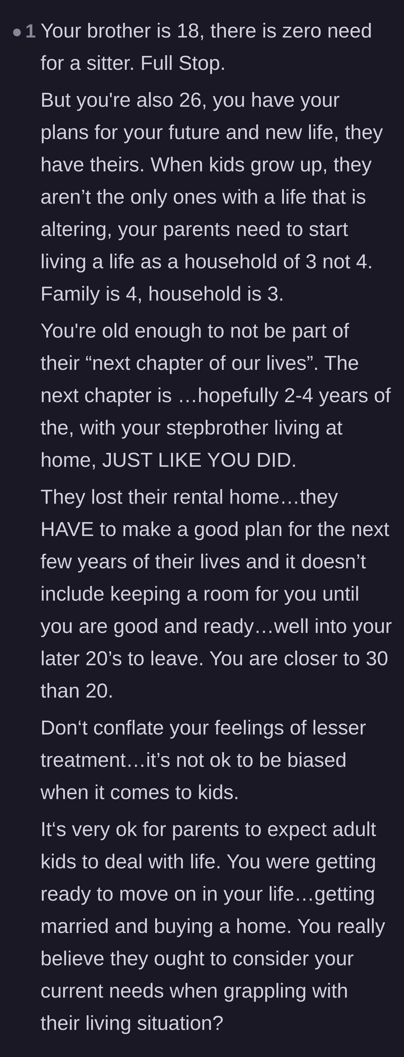 Comment thread 6 - A nuanced take explaining that while the parents have a right to downsize, the author has every right to refuse the sitting job.