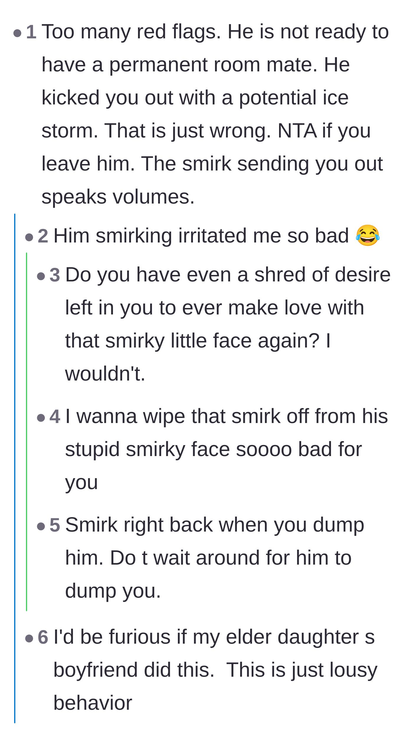 Comment thread 5 - A discussion about the extreme disrespect of the boyfriend's smirk and kicking her out during bad weather.