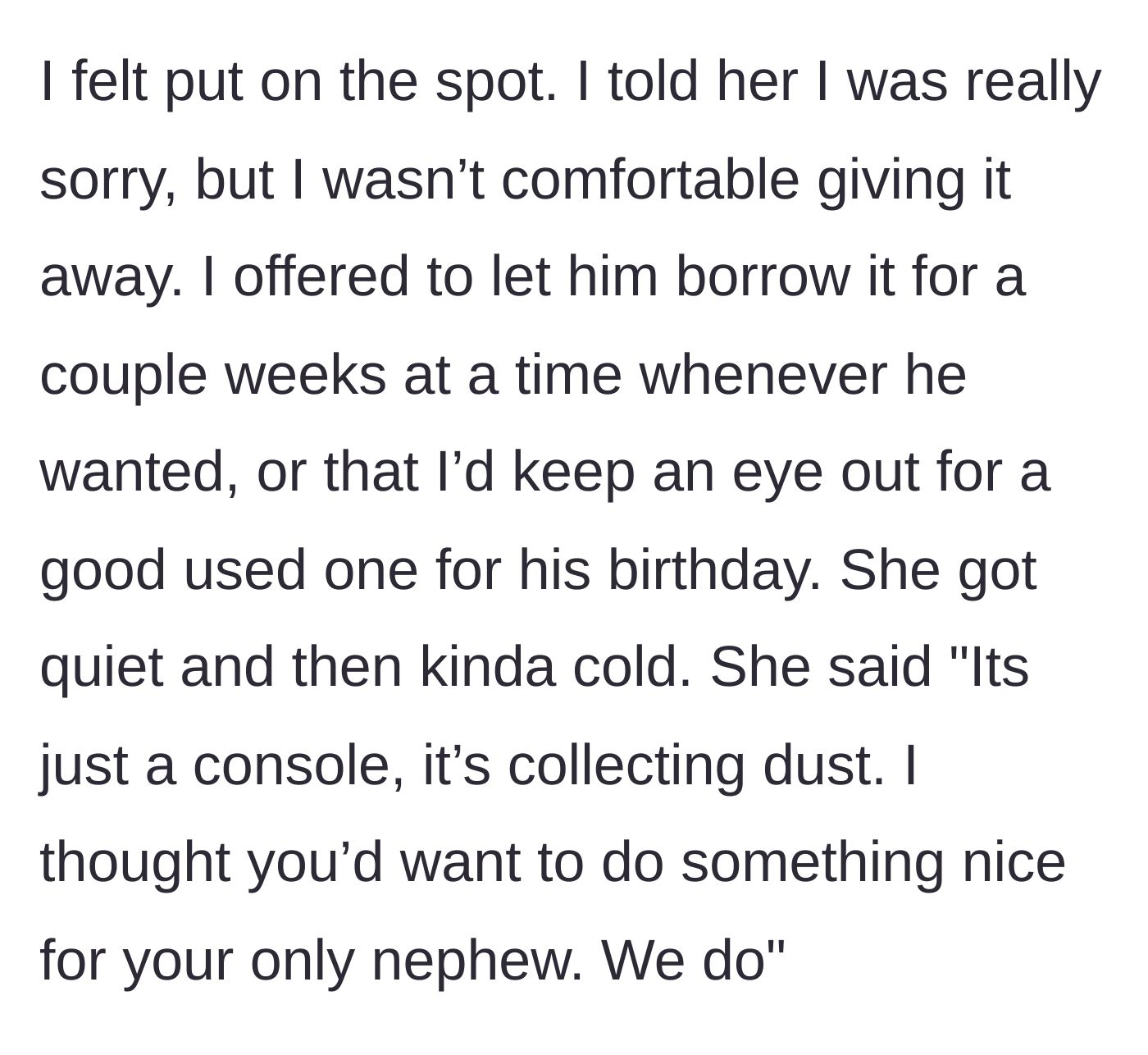 Story part 5 - The brother setting a boundary and offering compromises, followed by the sister delivering a cold, guilt-tripping response.