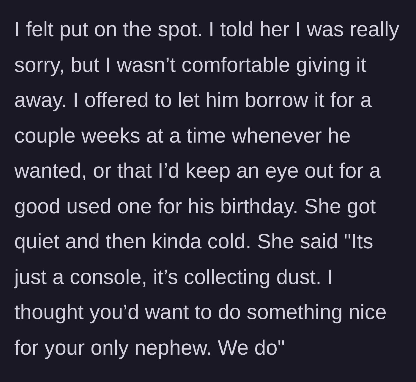Story part 5 - The brother setting a boundary and offering compromises, followed by the sister delivering a cold, guilt-tripping response.
